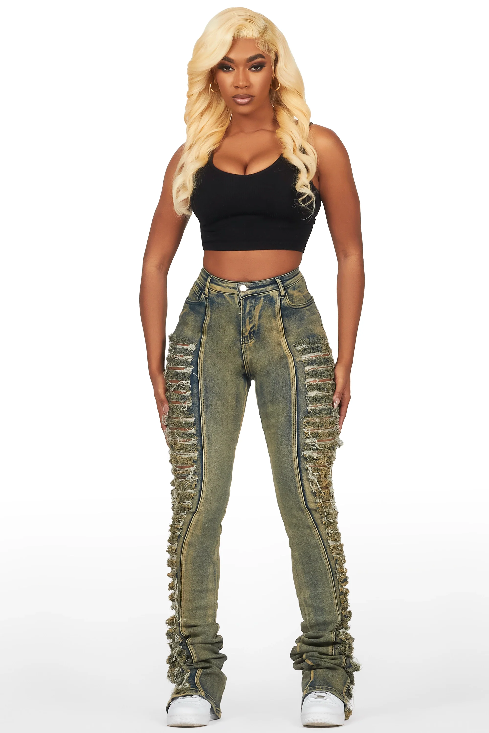 Erielle Tinted Dark Wash Mega Distressed Super Stacked Jean - Image 2