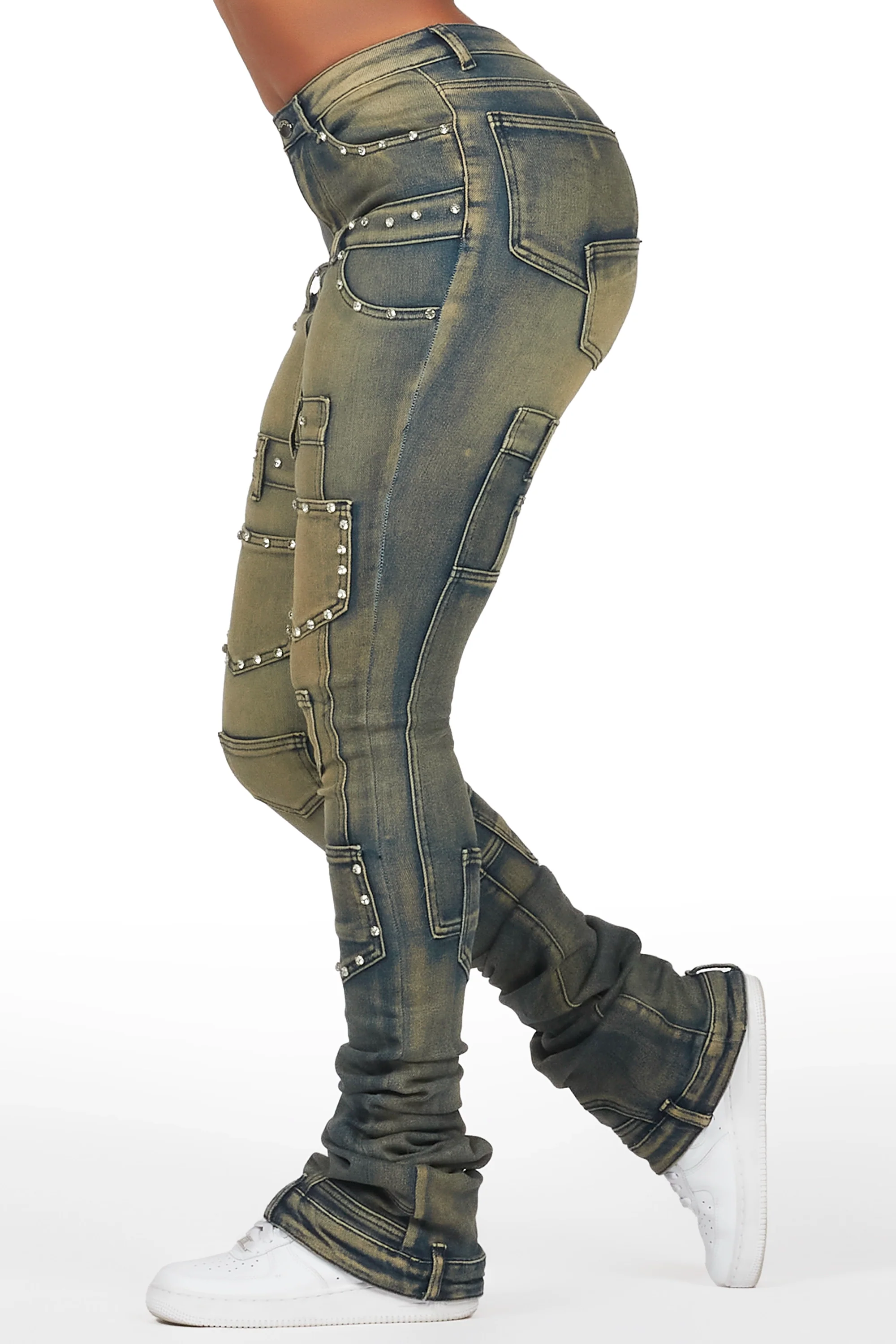 Vicky Tinted Dark Wash Rhinestone Super Stacked Jean - Image 3