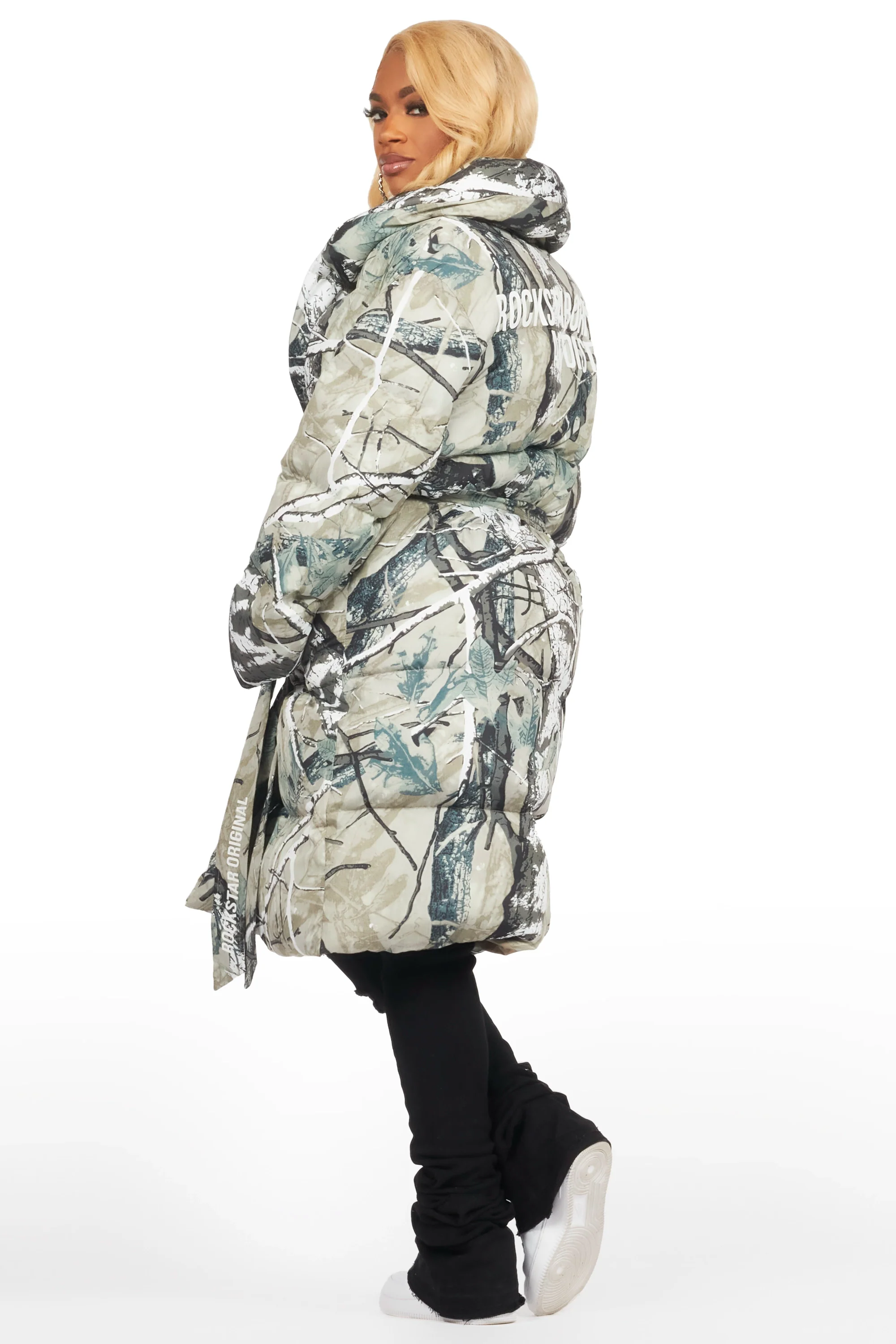 Sehrazat Tree Camo Long Wrap Puffer Jacket - Image 3