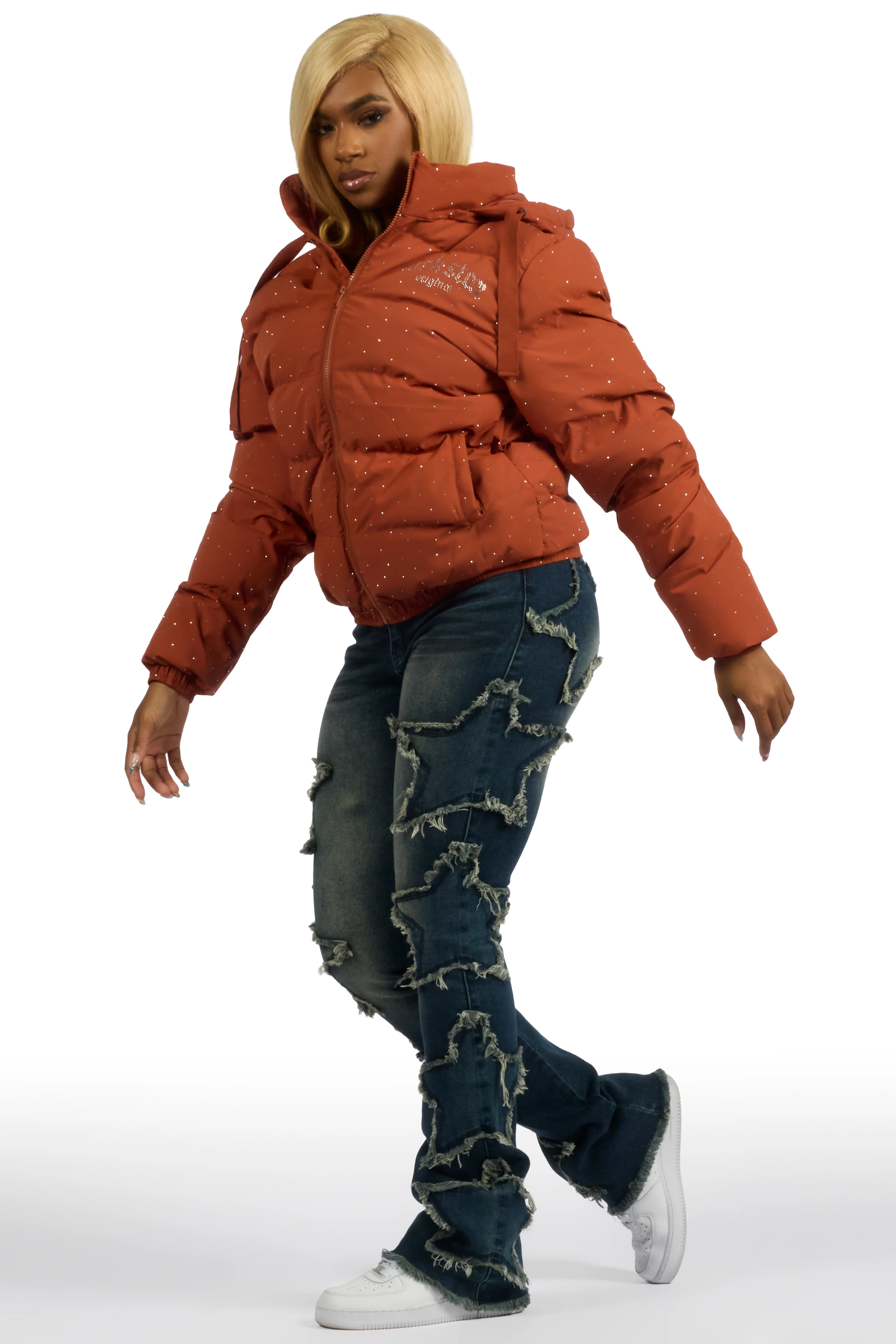 Onellia Mocha Rhinestone Puffer Jacket - Image 5
