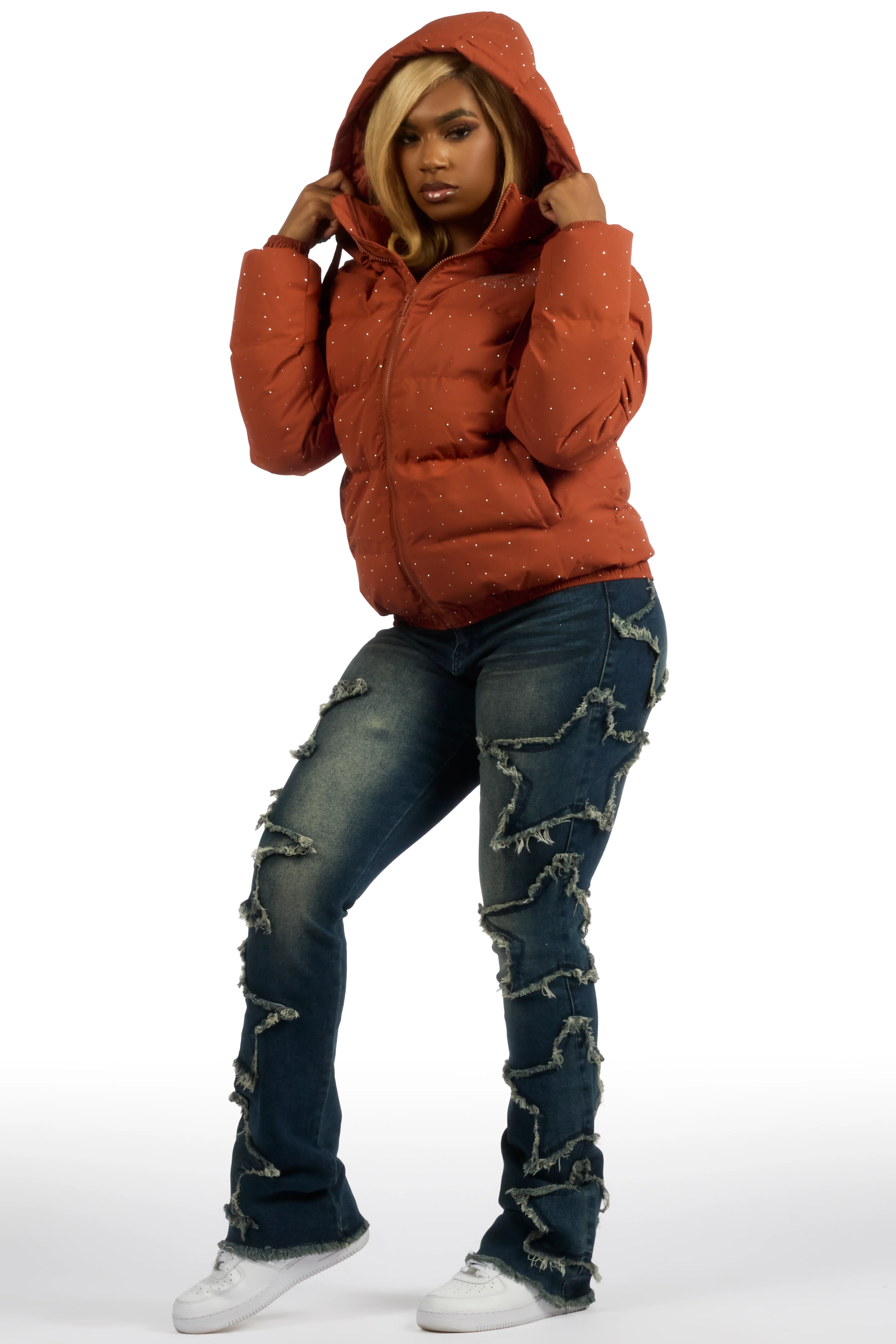Onellia Mocha Rhinestone Puffer Jacket - Image 7