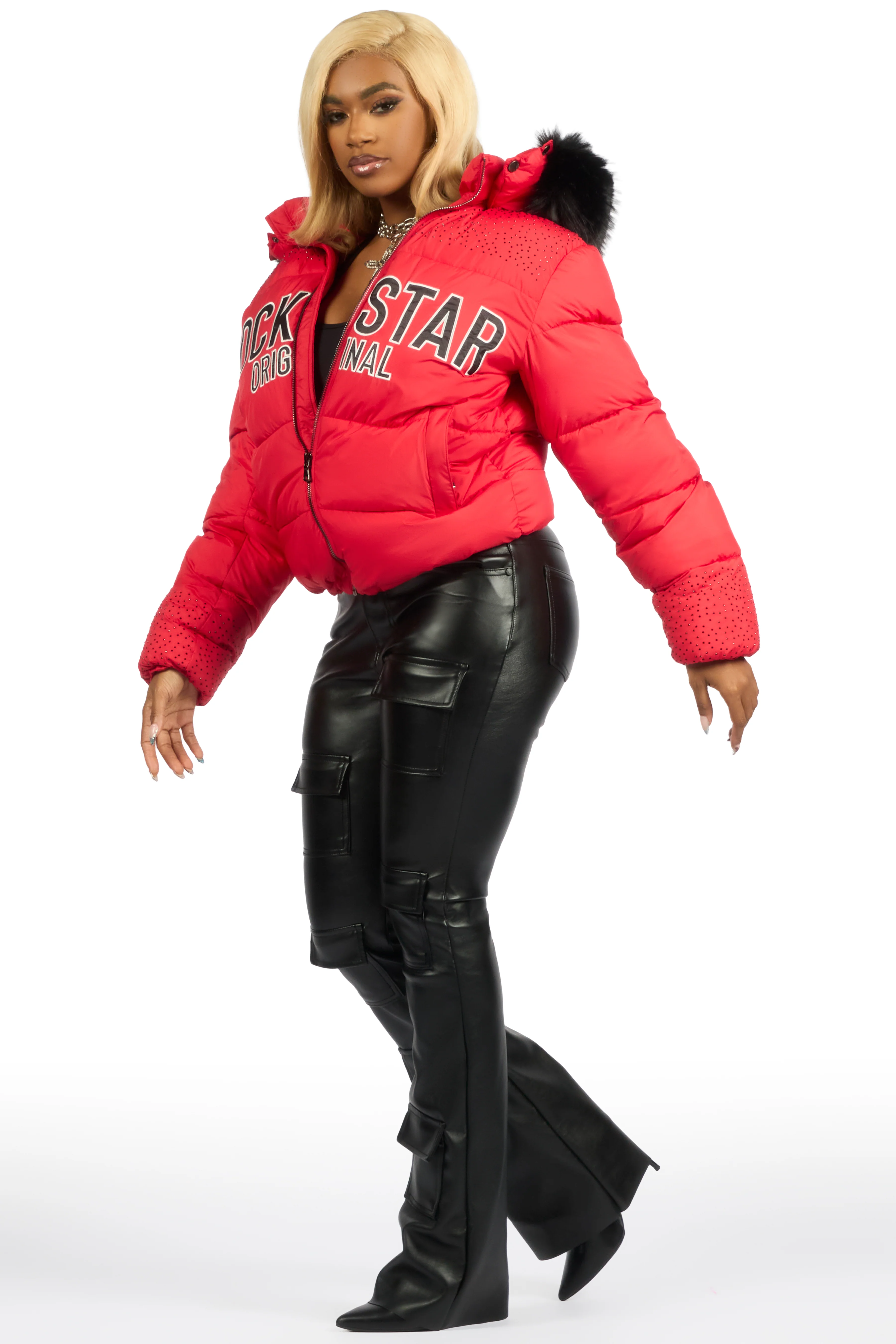 Natia Red Oversized Rhinestone Puffer Jacket - Image 8