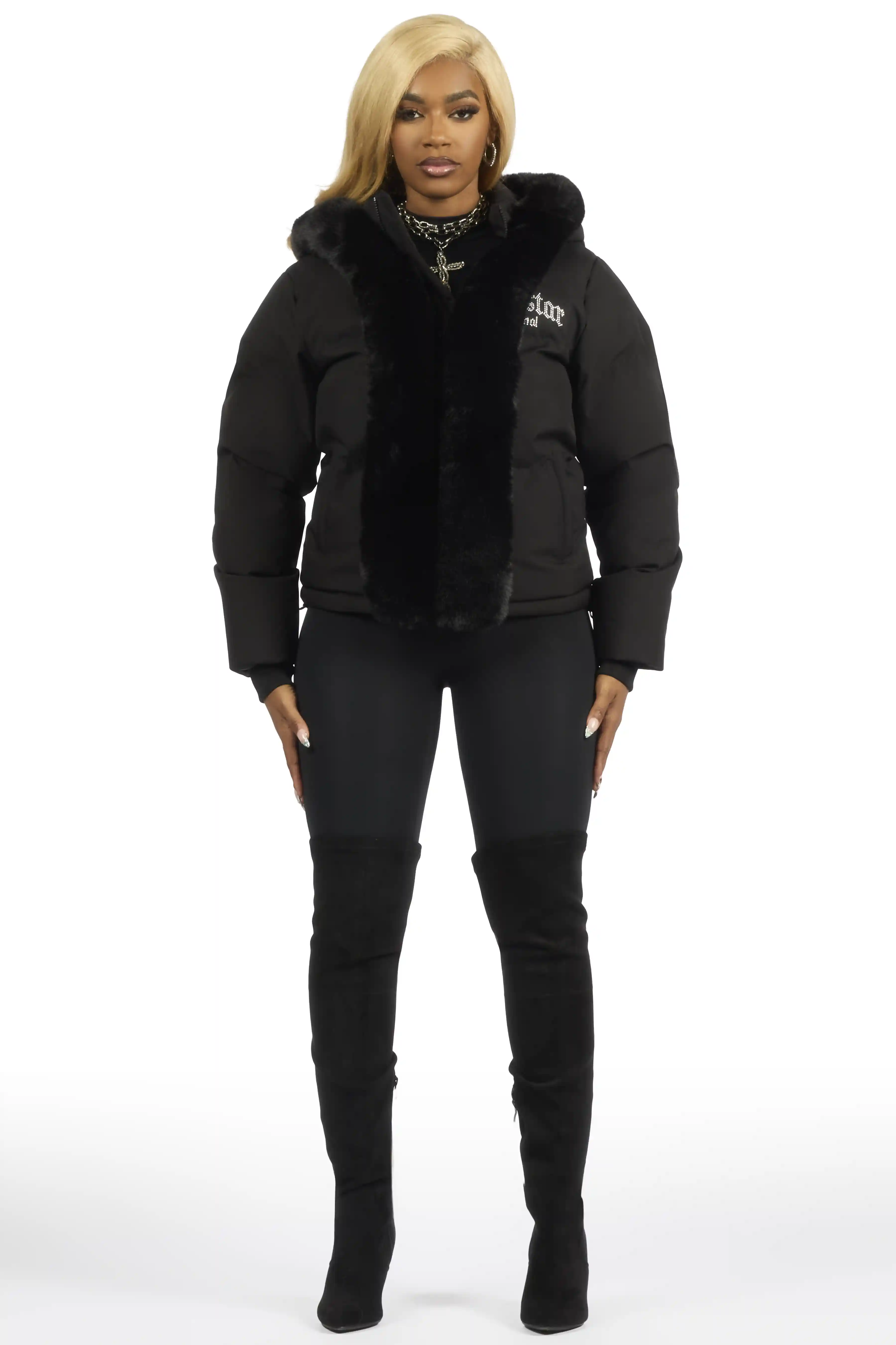 Dontaisha Black Puffer Jacket With Fur Trim - Image 2