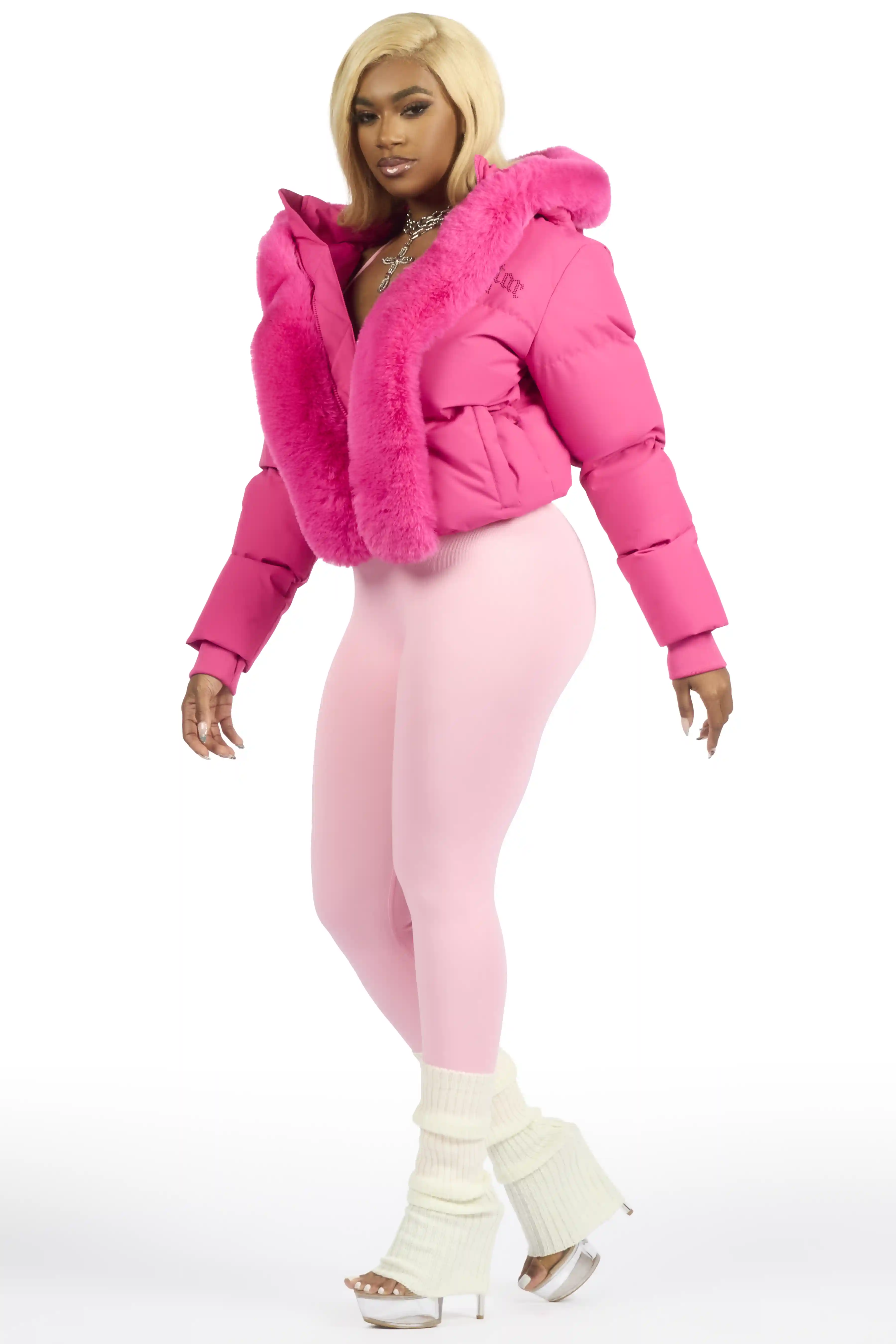 Dontaisha Hot Pink Puffer Jacket With Fur Trim - Image 10