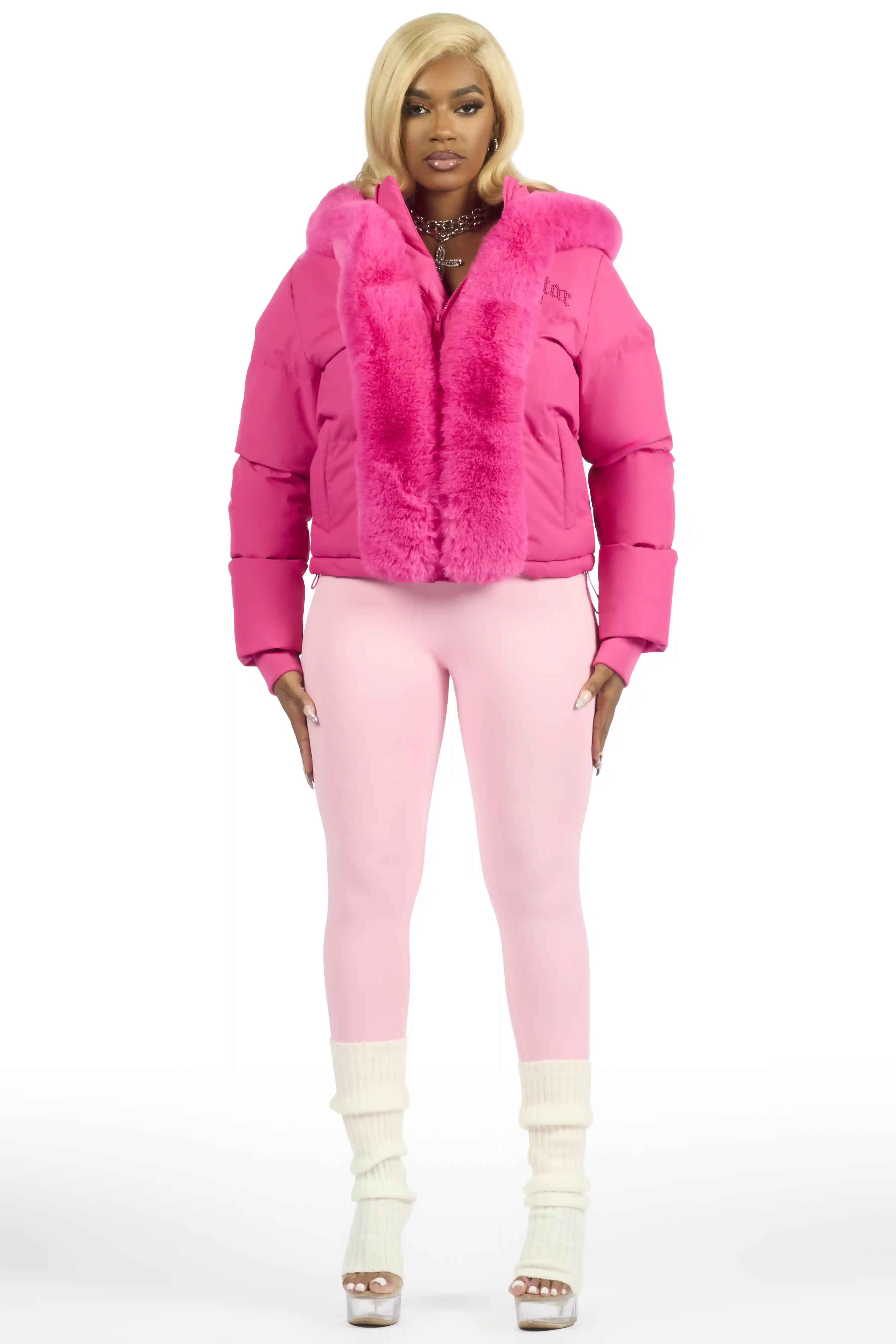 Dontaisha Hot Pink Puffer Jacket With Fur Trim - Image 6