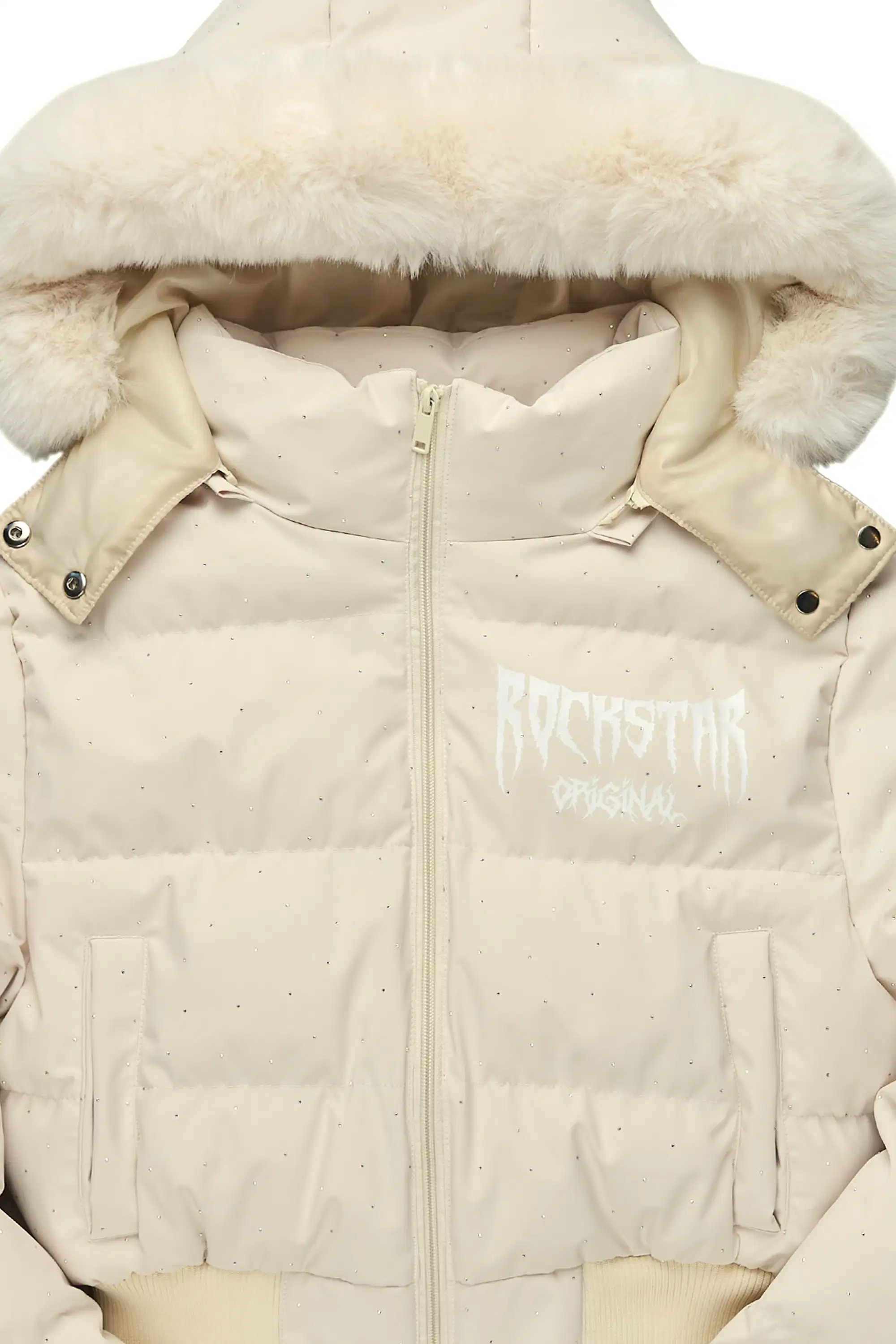 Gabrielle Beige Rhinestone Puffer Jacket With Fur Hood - Image 11