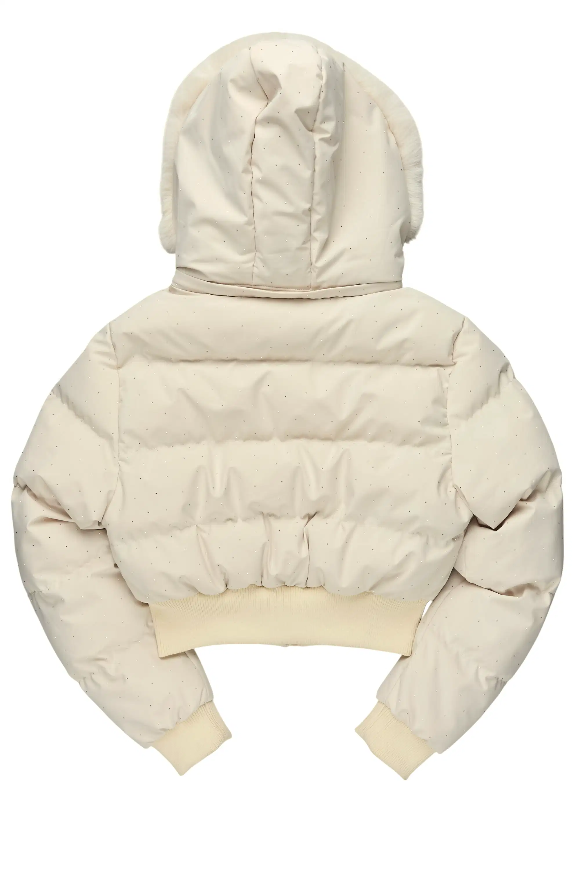 Gabrielle Beige Rhinestone Puffer Jacket With Fur Hood - Image 12