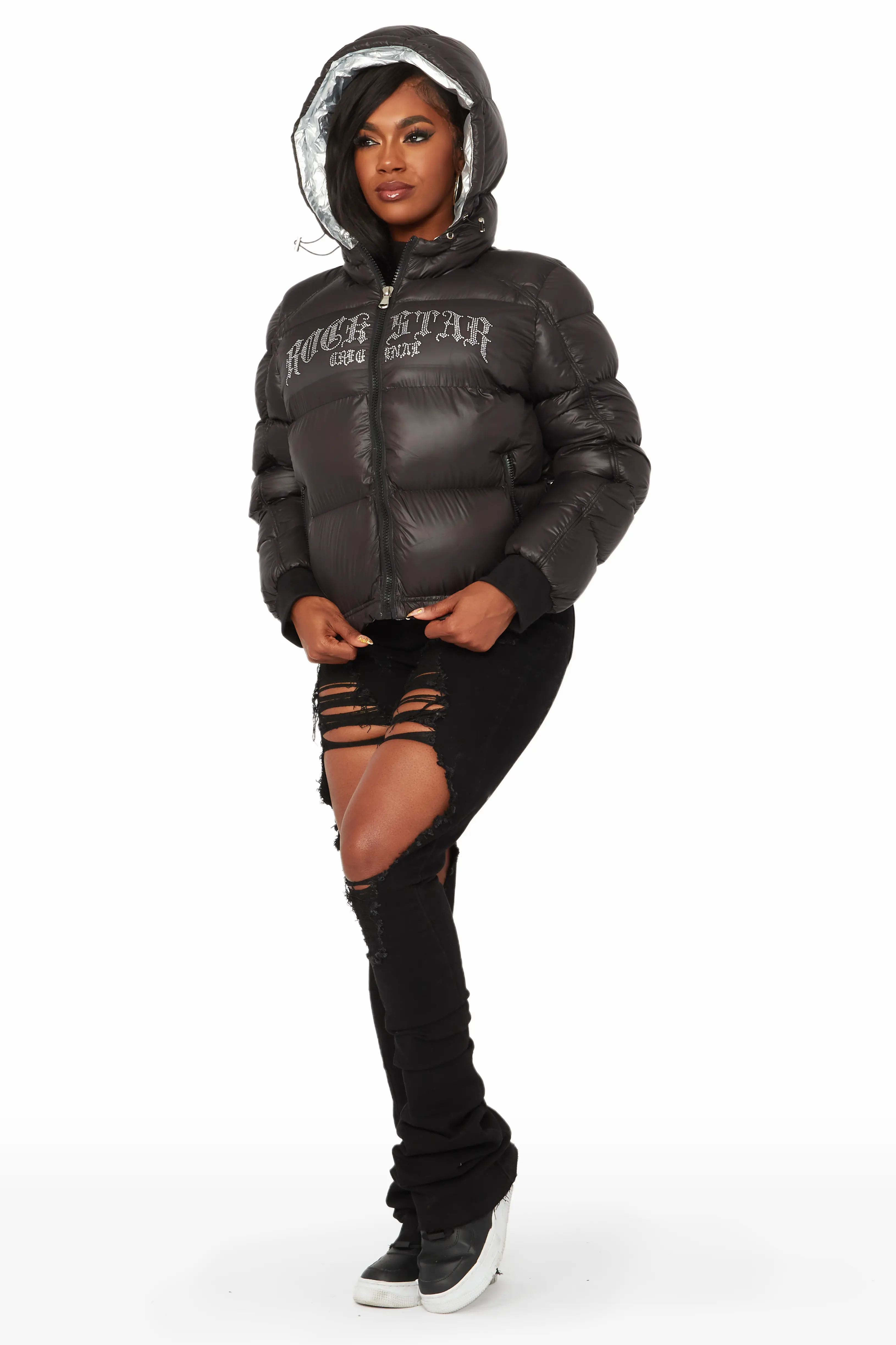 Rose Black Puffer Jacket - Image 17