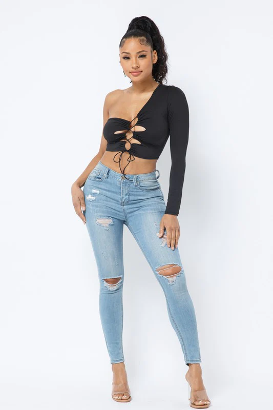 Terrica Black One Shoulder Long Sleeve Top - Image 3