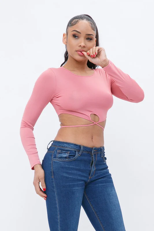 Lalinda Pink Tie Back Long Sleeve Top - Image 2