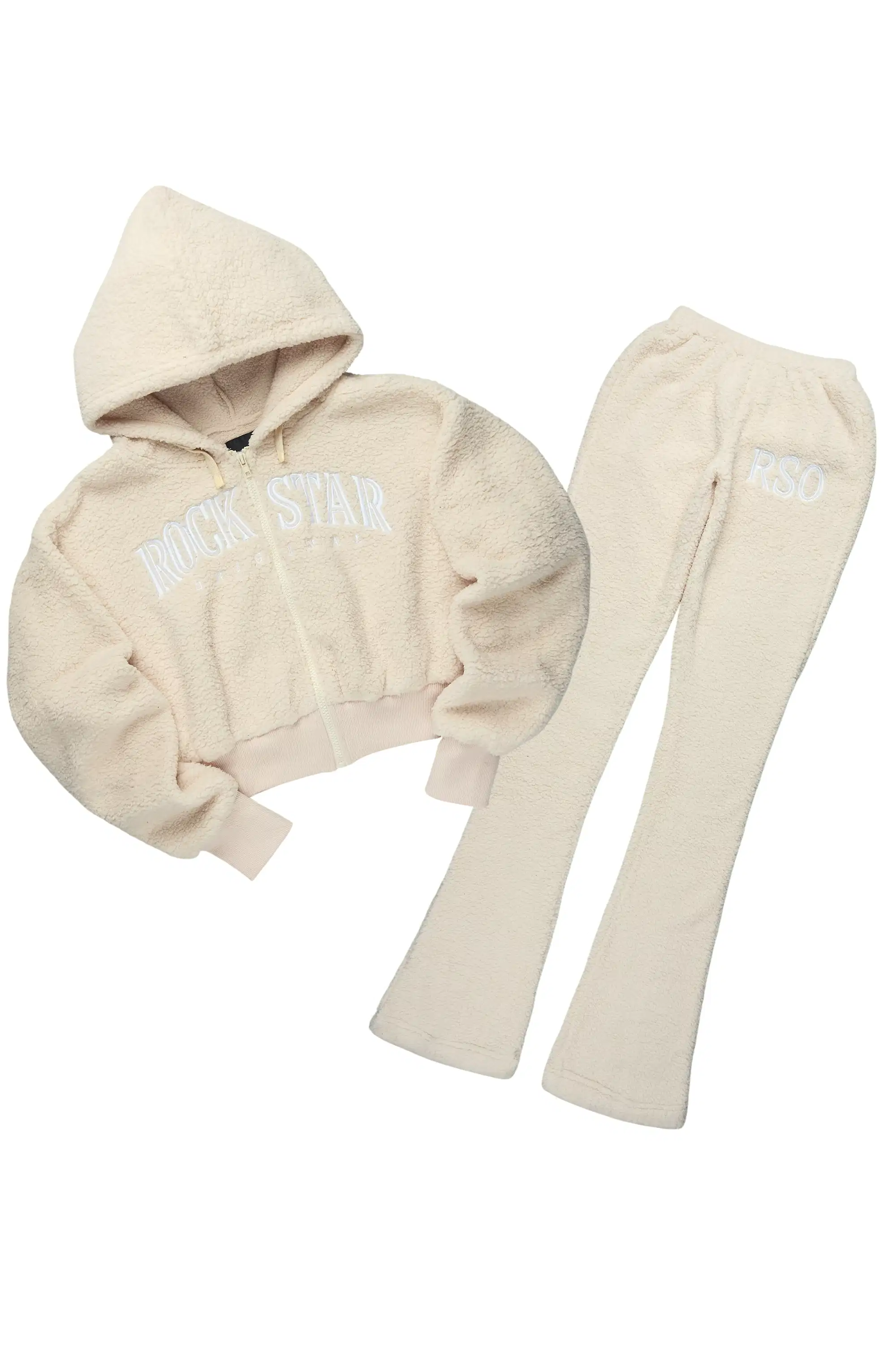 Krystiana Beige Sherpa Zip Up Stacked Track Set - Image 2