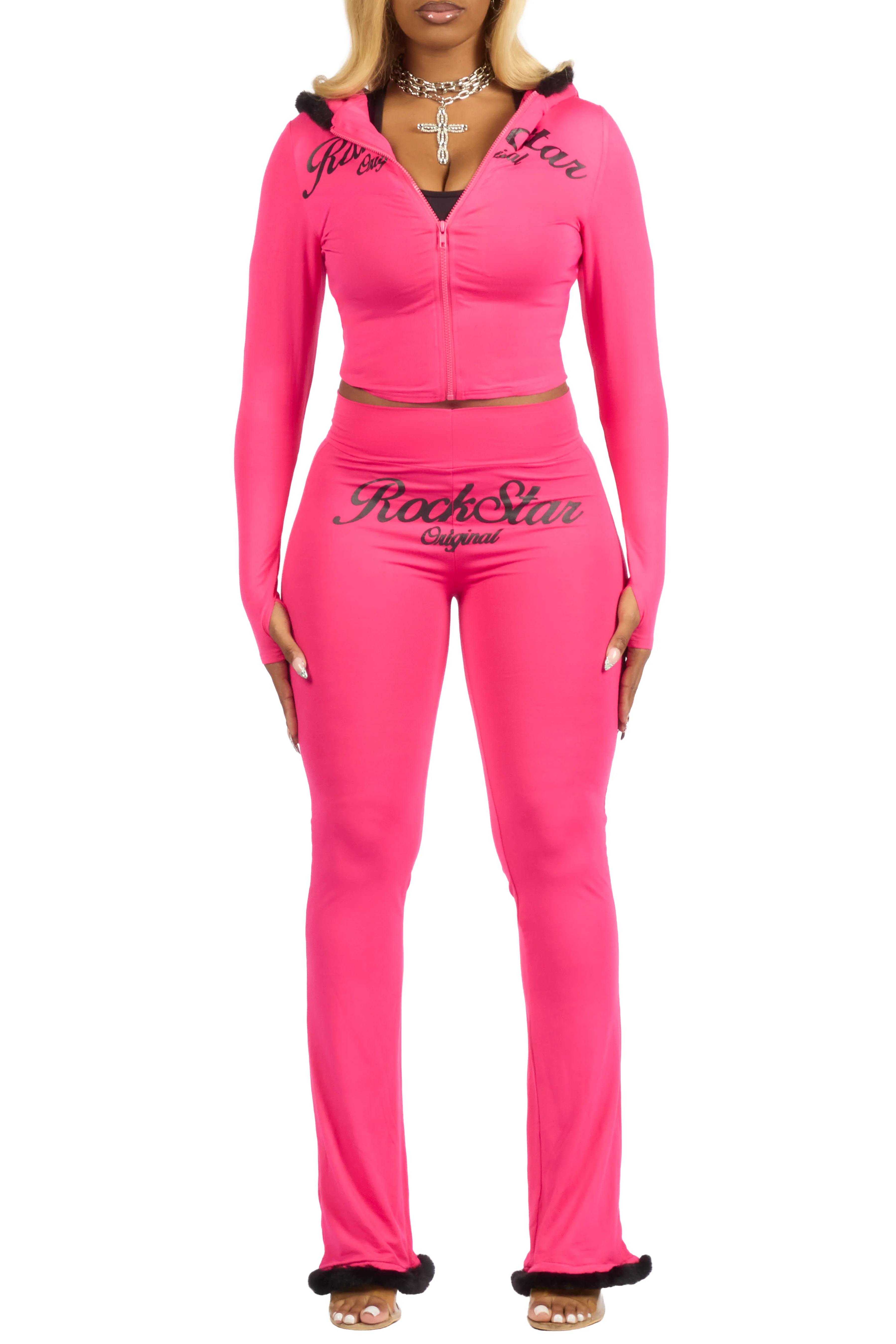 Metrie Hot Pink  Lounge Track Set With Fur Trim - Image 9