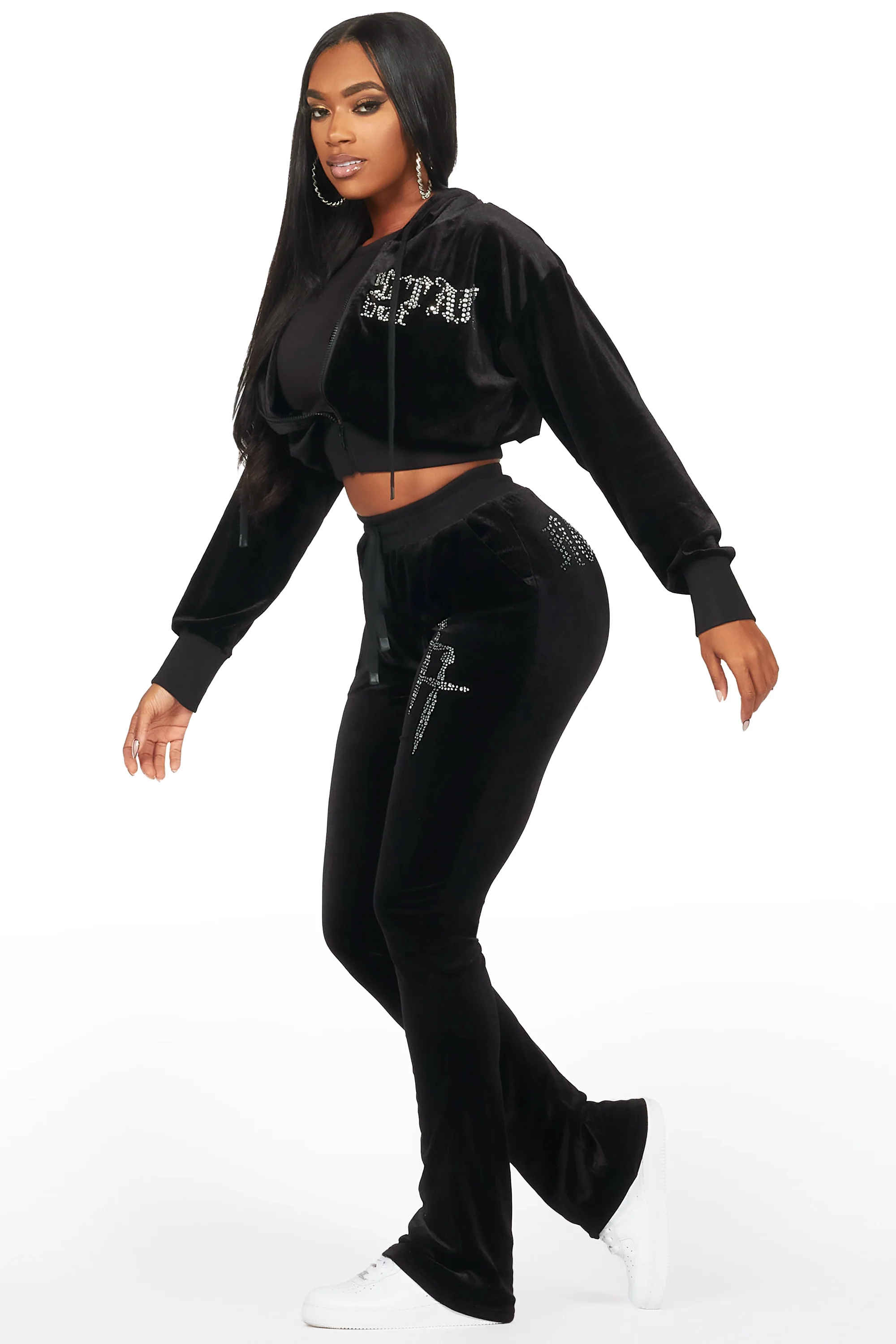 Atalaya Black Stacked Rhinestone Velour Trackset - Image 4