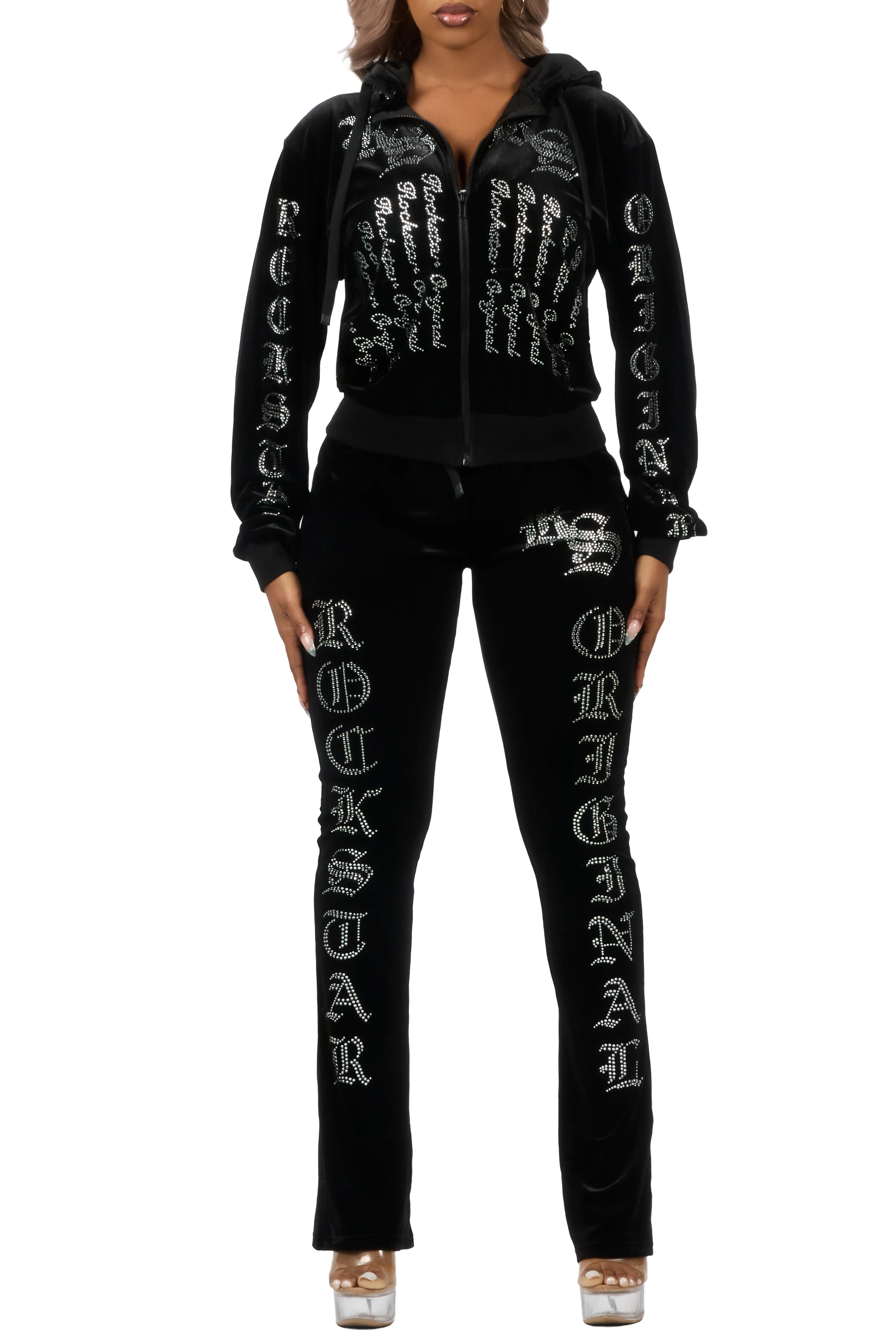 Doniqua Black Rhinestone Velour Stacked Track Set - Image 12