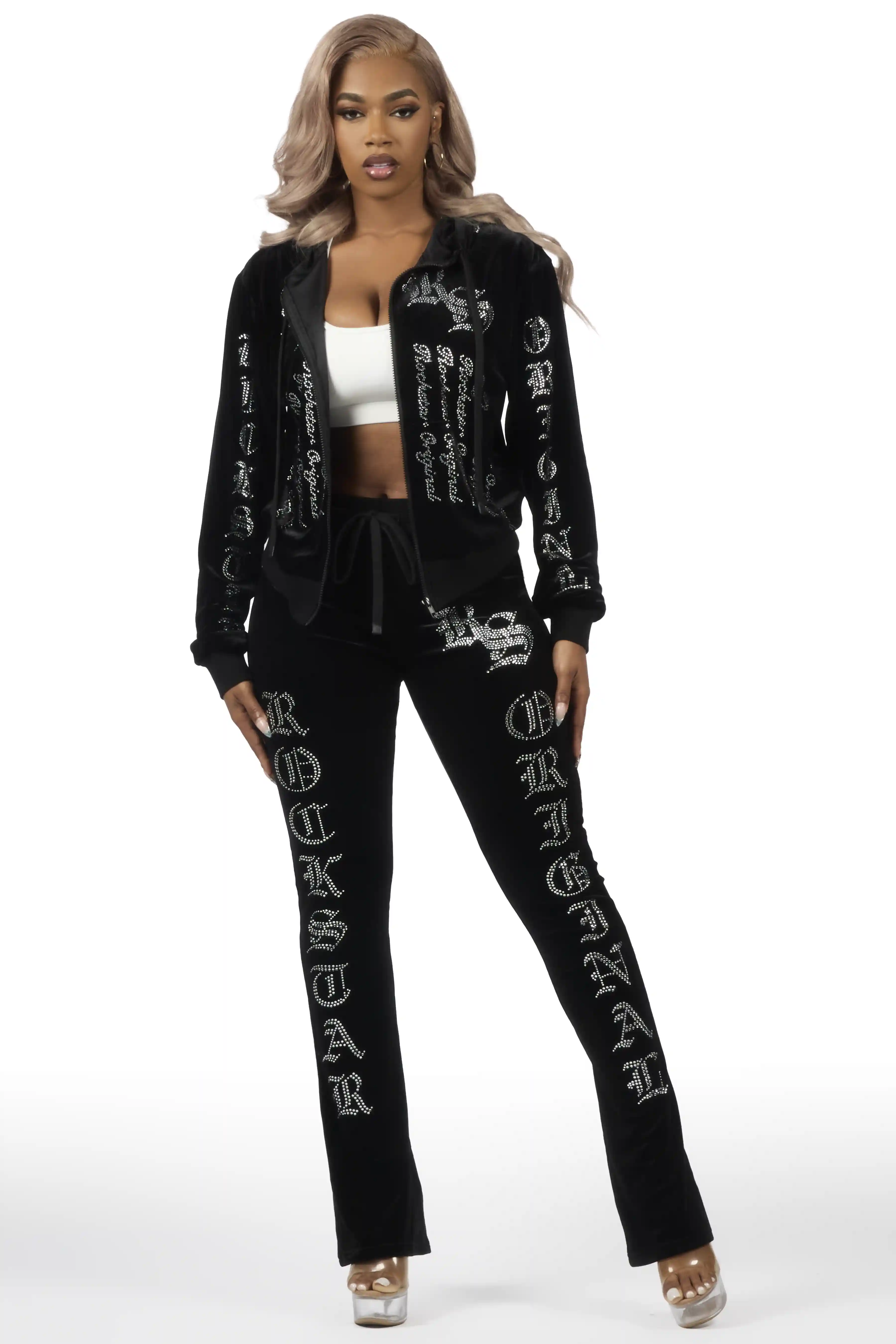 Doniqua Black Rhinestone Velour Stacked Track Set - Image 4