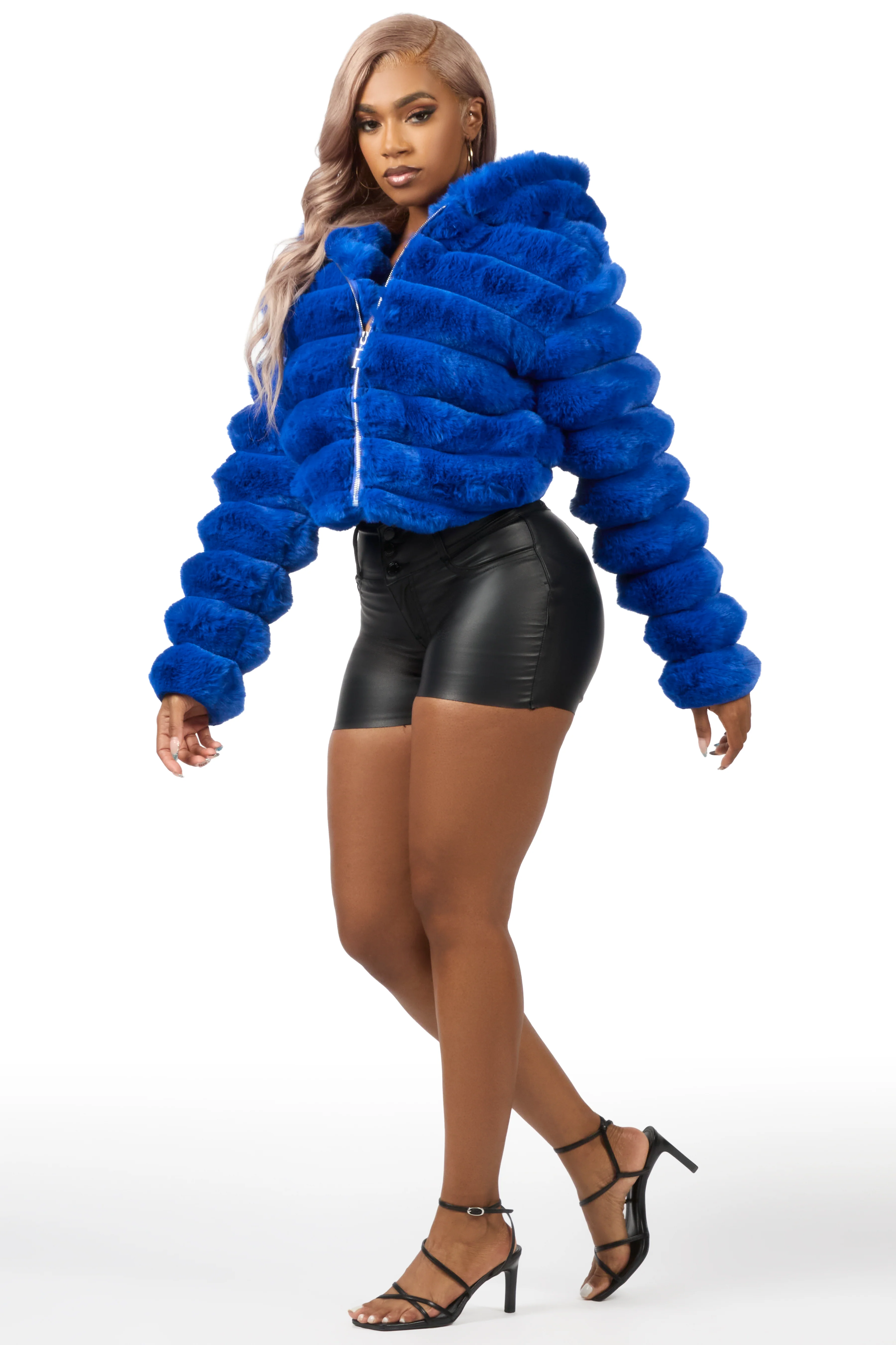 Vinetria Royal Blue Fur Jacket With Hood - Image 5