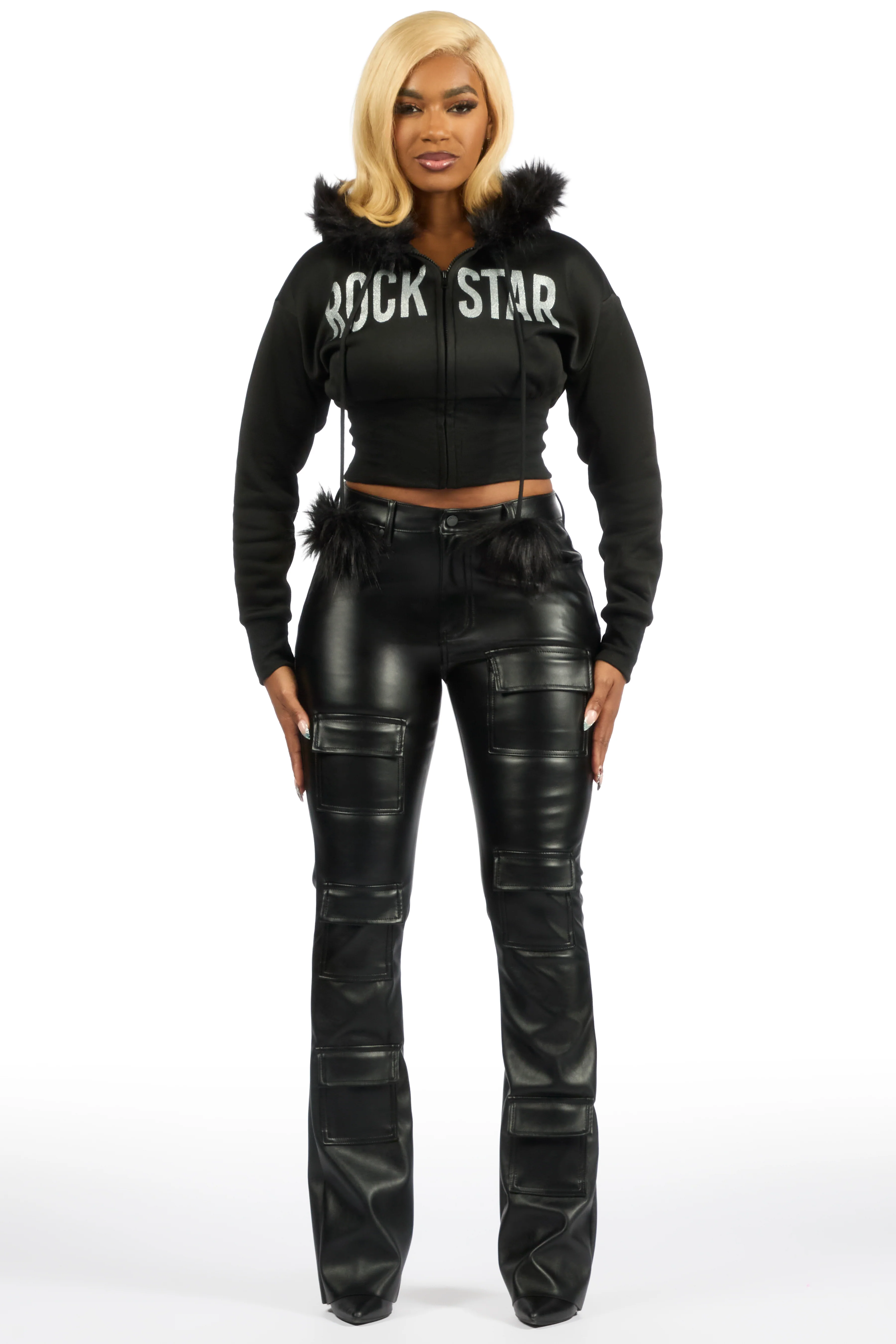 Felecia Black Zip Up Hoodie With Fur Hood - Image 3