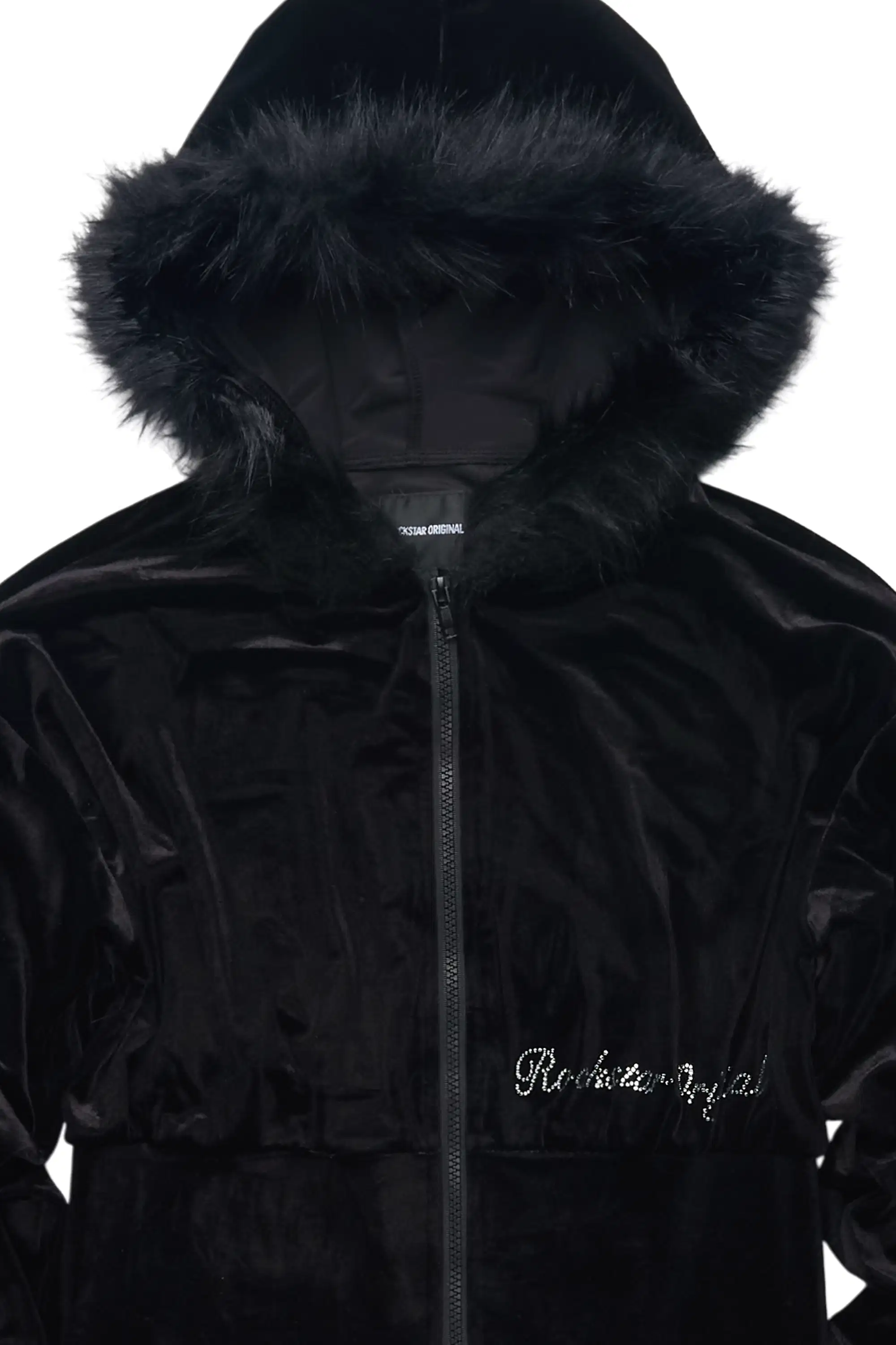Shanika Black Velour Crop Hoodie With Fur Hood - Image 8