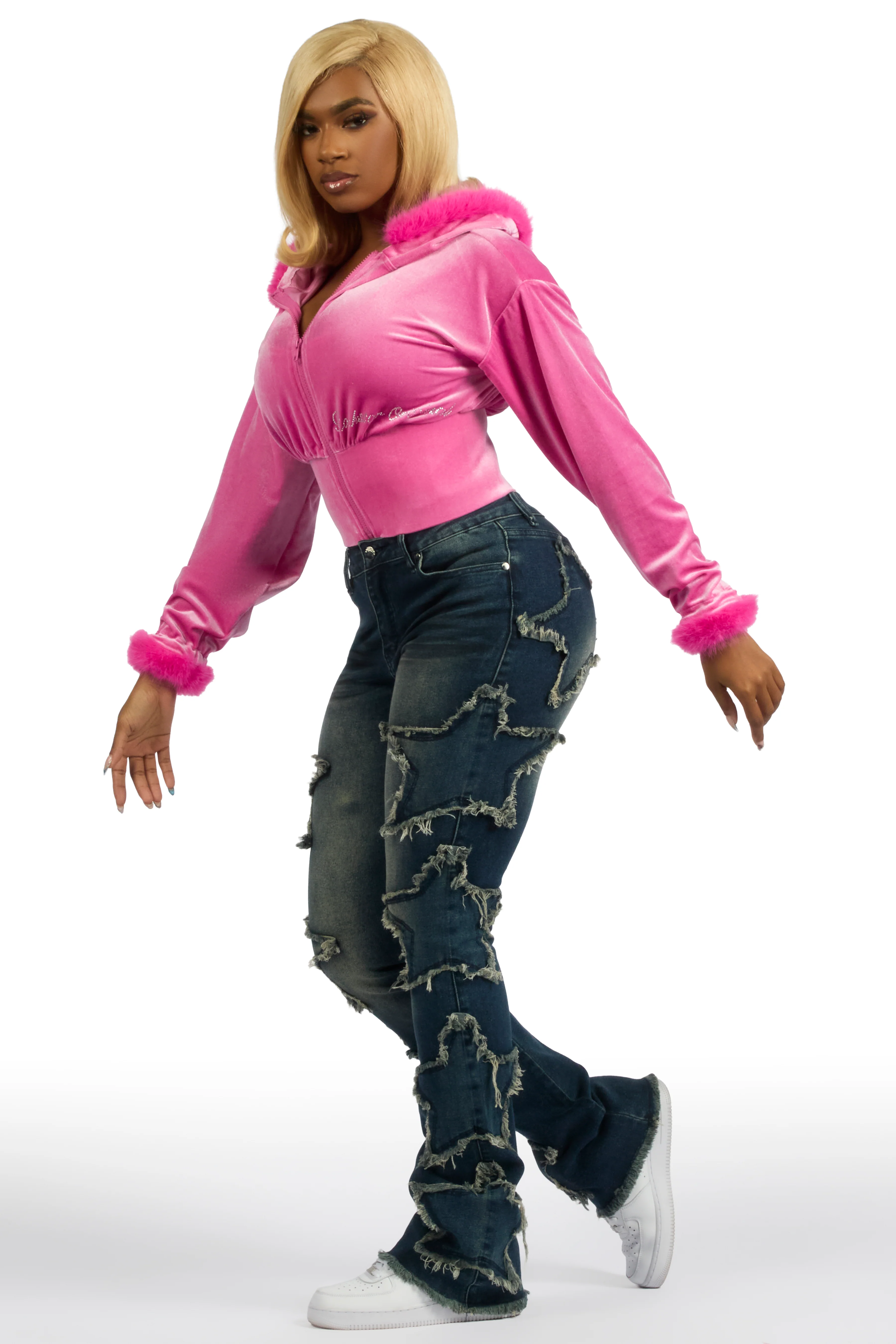 Shanika Pink Velour Crop Hoodie With Fur Hood - Image 6