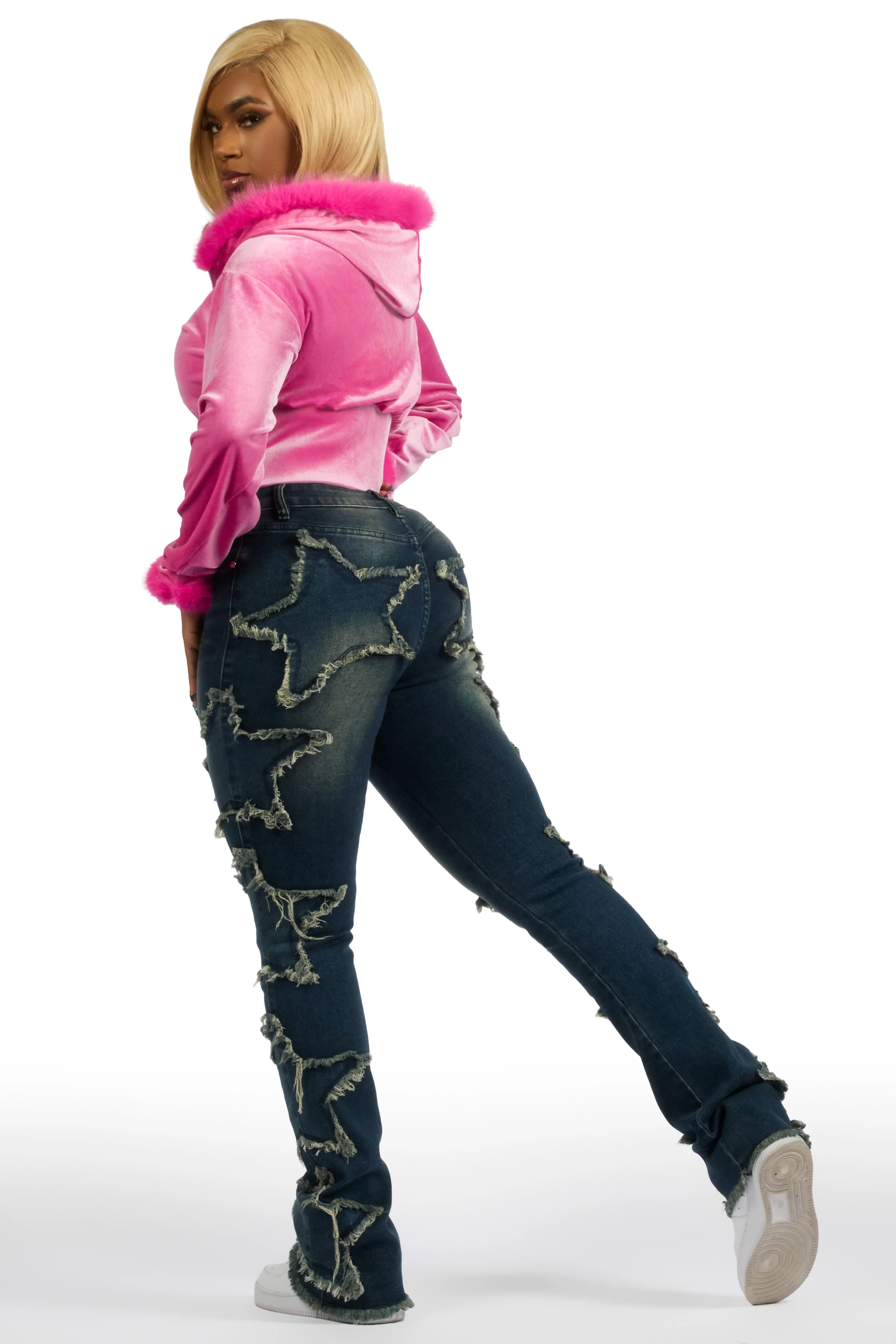 Shanika Pink Velour Crop Hoodie With Fur Hood - Image 7