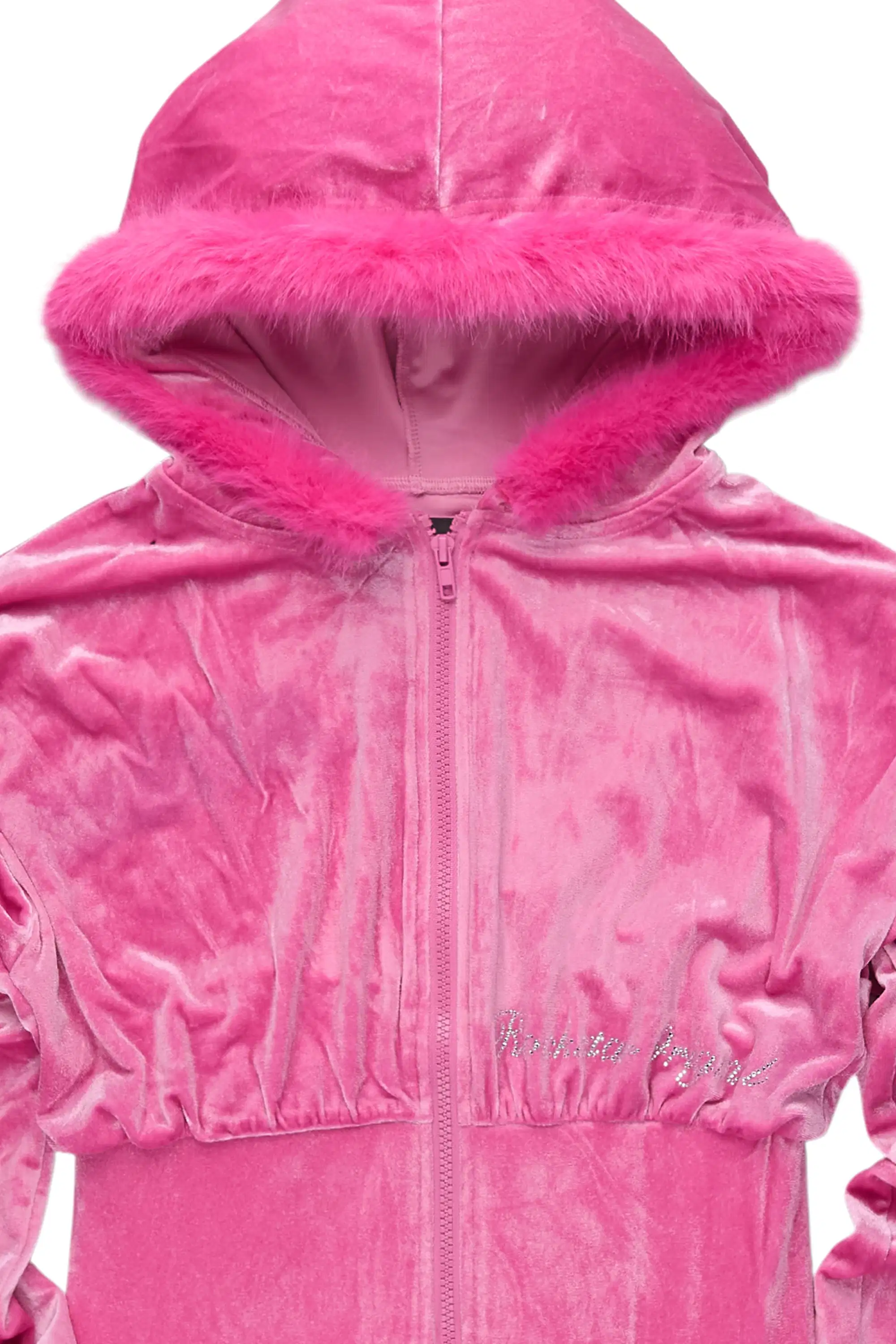 Shanika Pink Velour Crop Hoodie With Fur Hood - Image 8