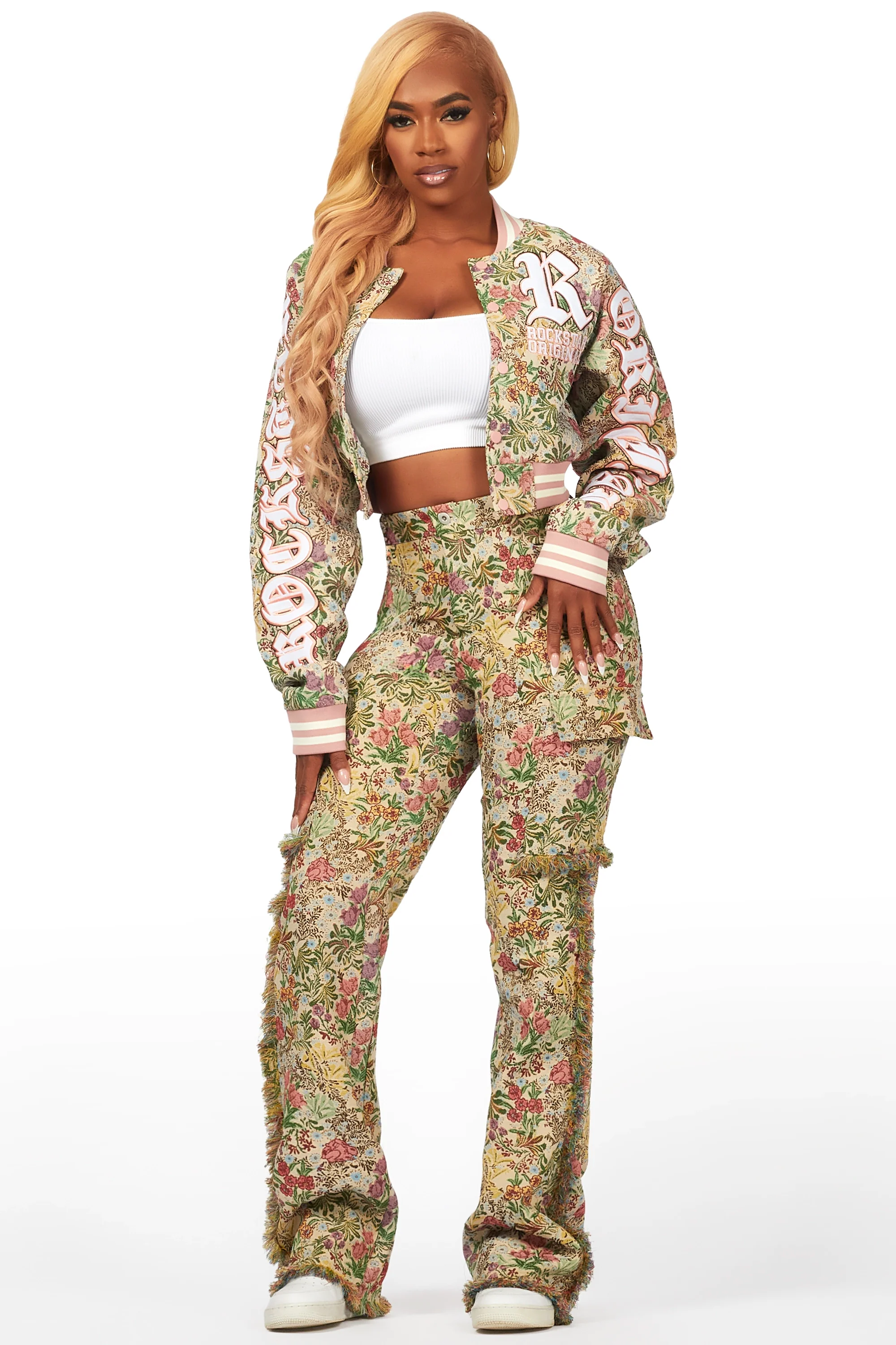 Tamia Beige Floral Tapestry Stacked Pant - Image 3
