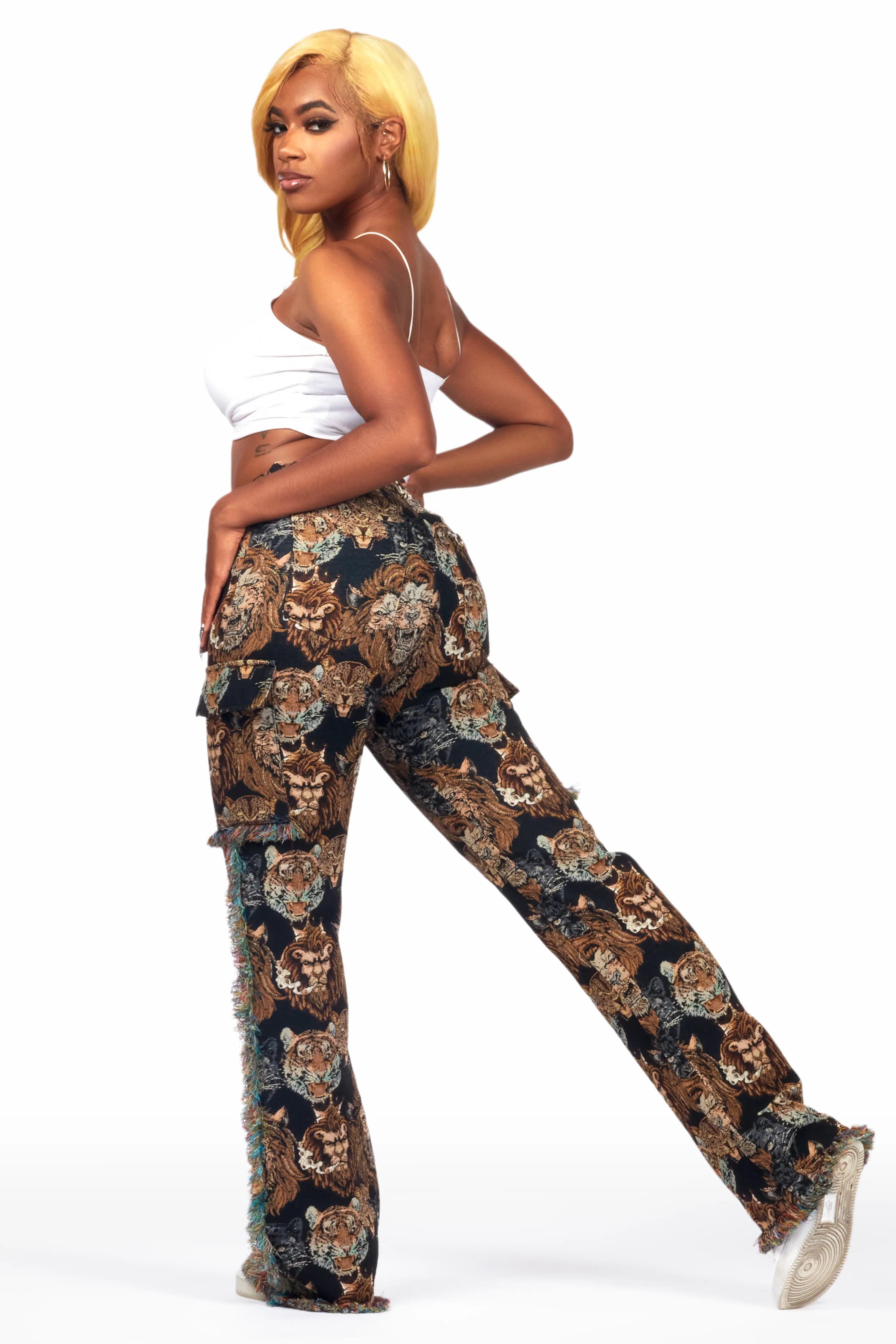 Khadiyah Black Animal Print Tapestry Stacked Pant - Image 11