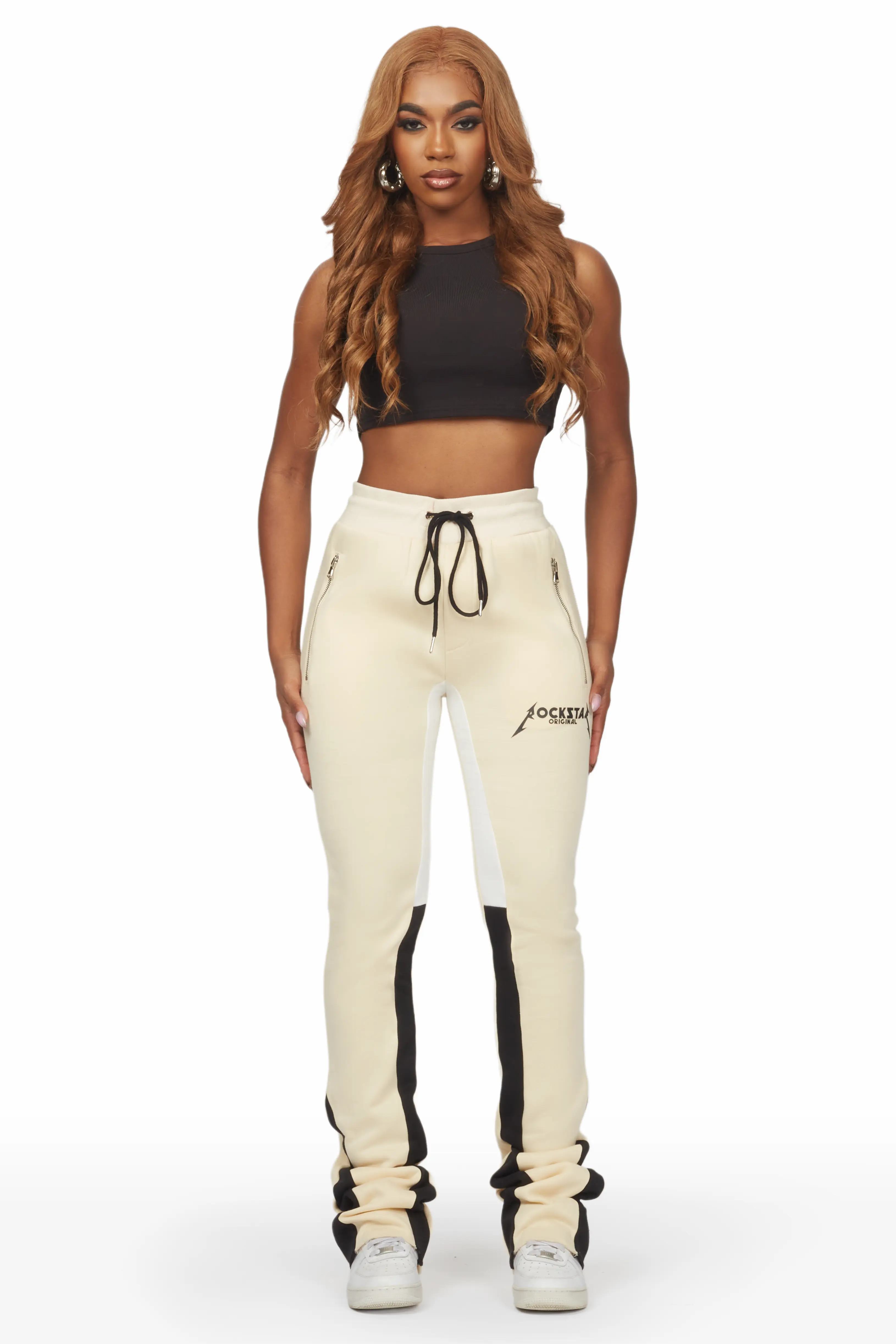 Emery Beige Stacked Flare Track Pant - Image 4