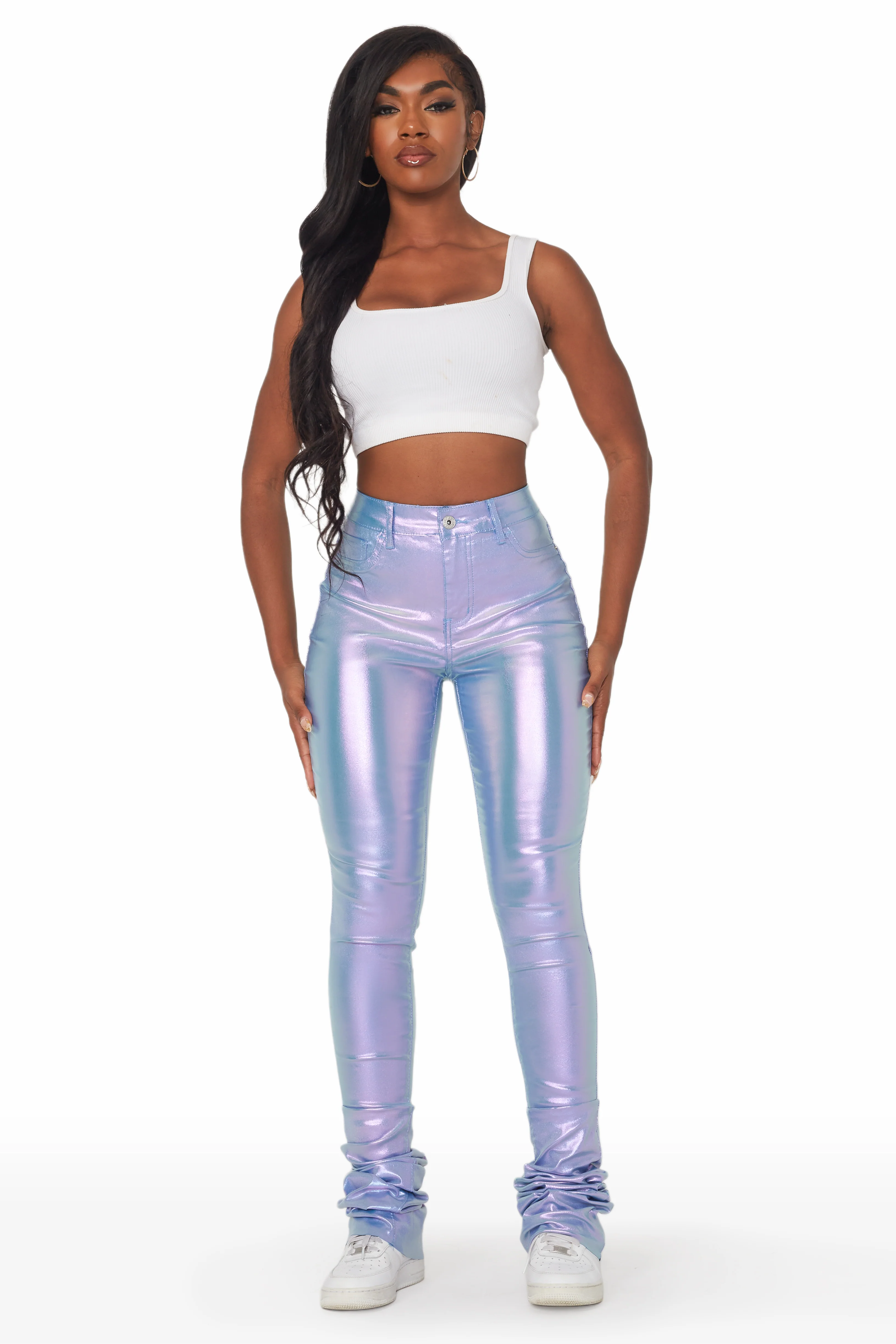 Zaniyah Metallic Purple PU Super Stacked Pant - Image 3