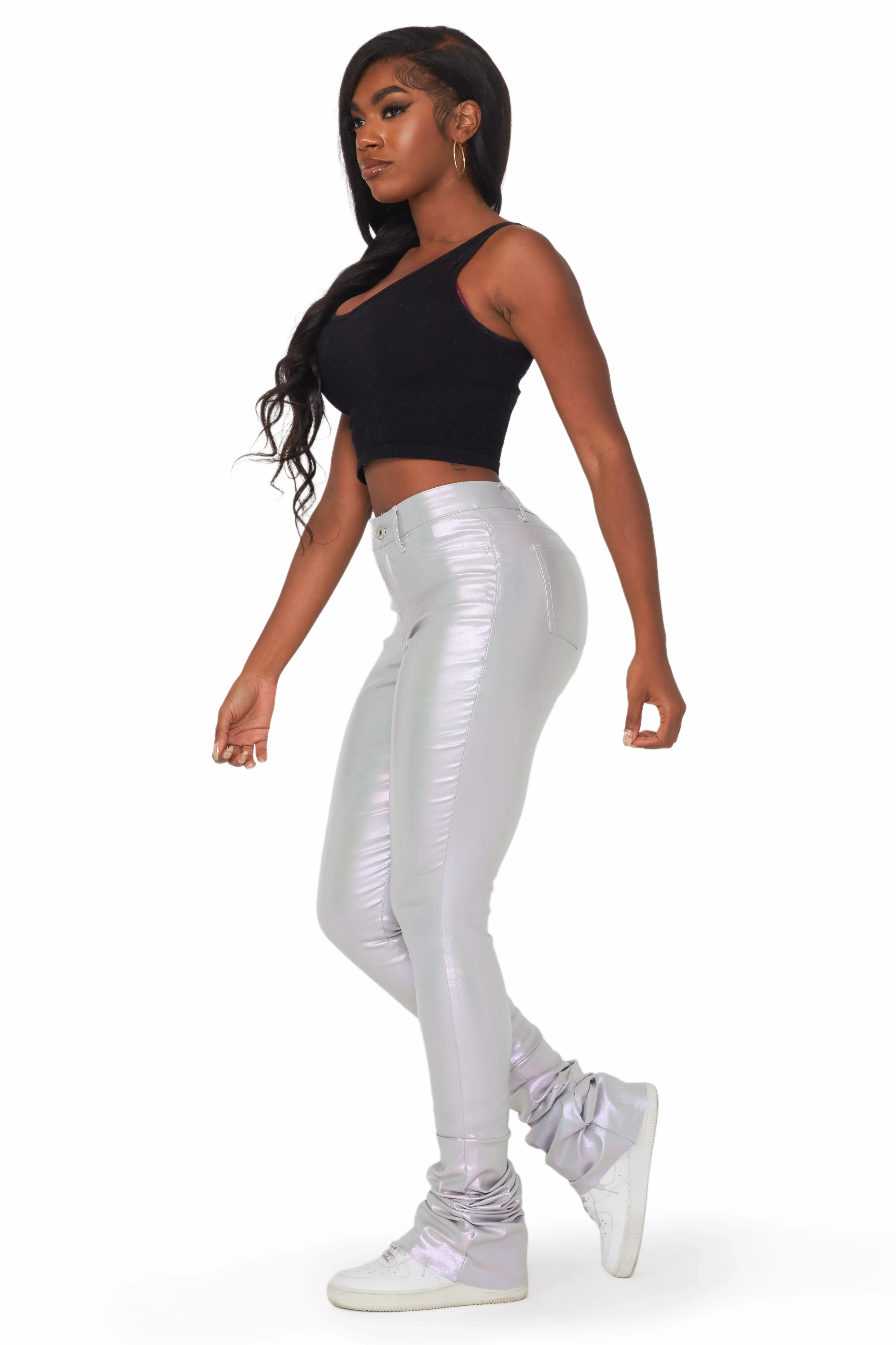 Zaniyah Metallic Silver PU Super Stacked Pant - Image 3