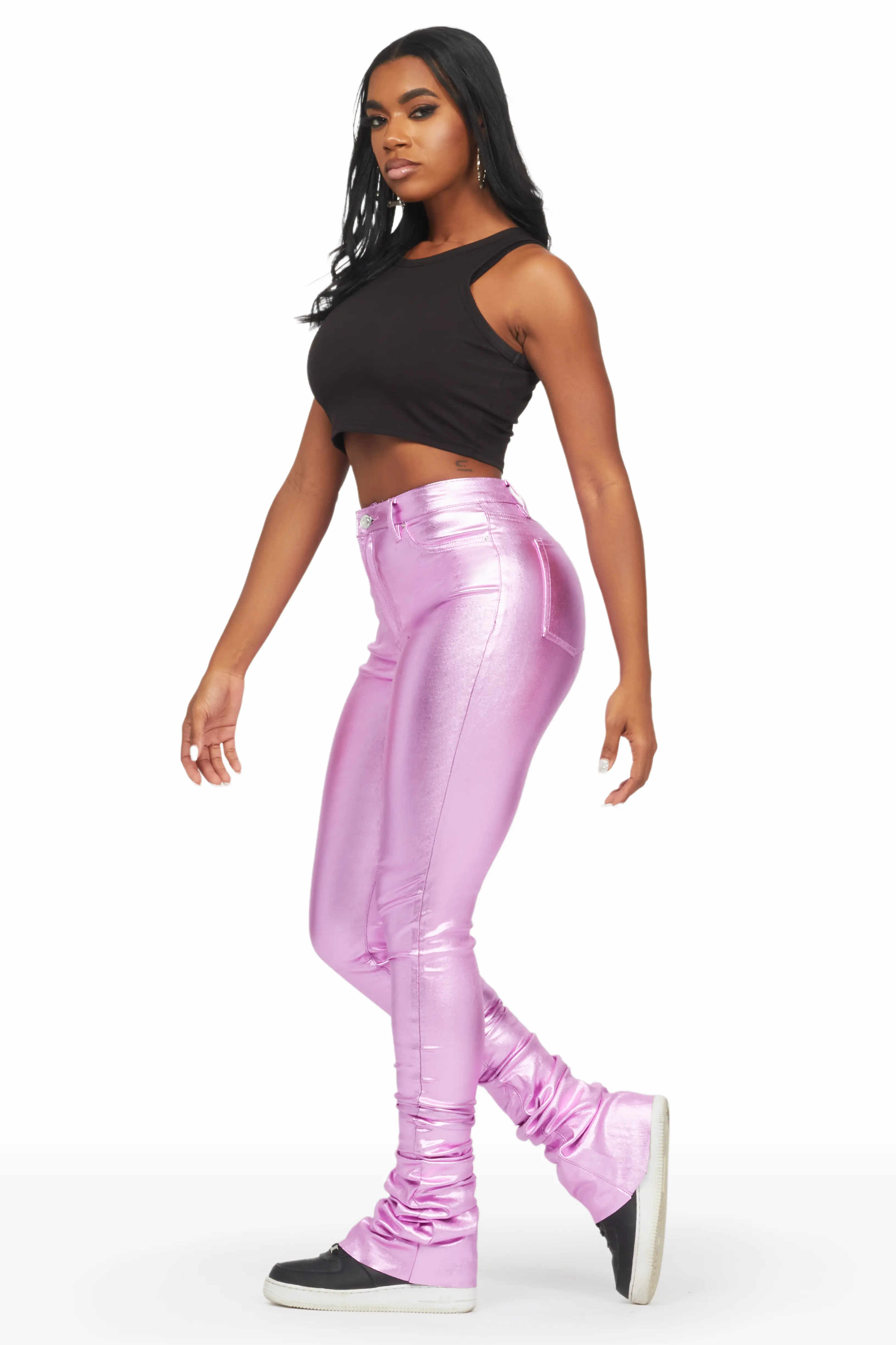 Keyonna Metallic Purple PU Super Stacked Pant - Image 2