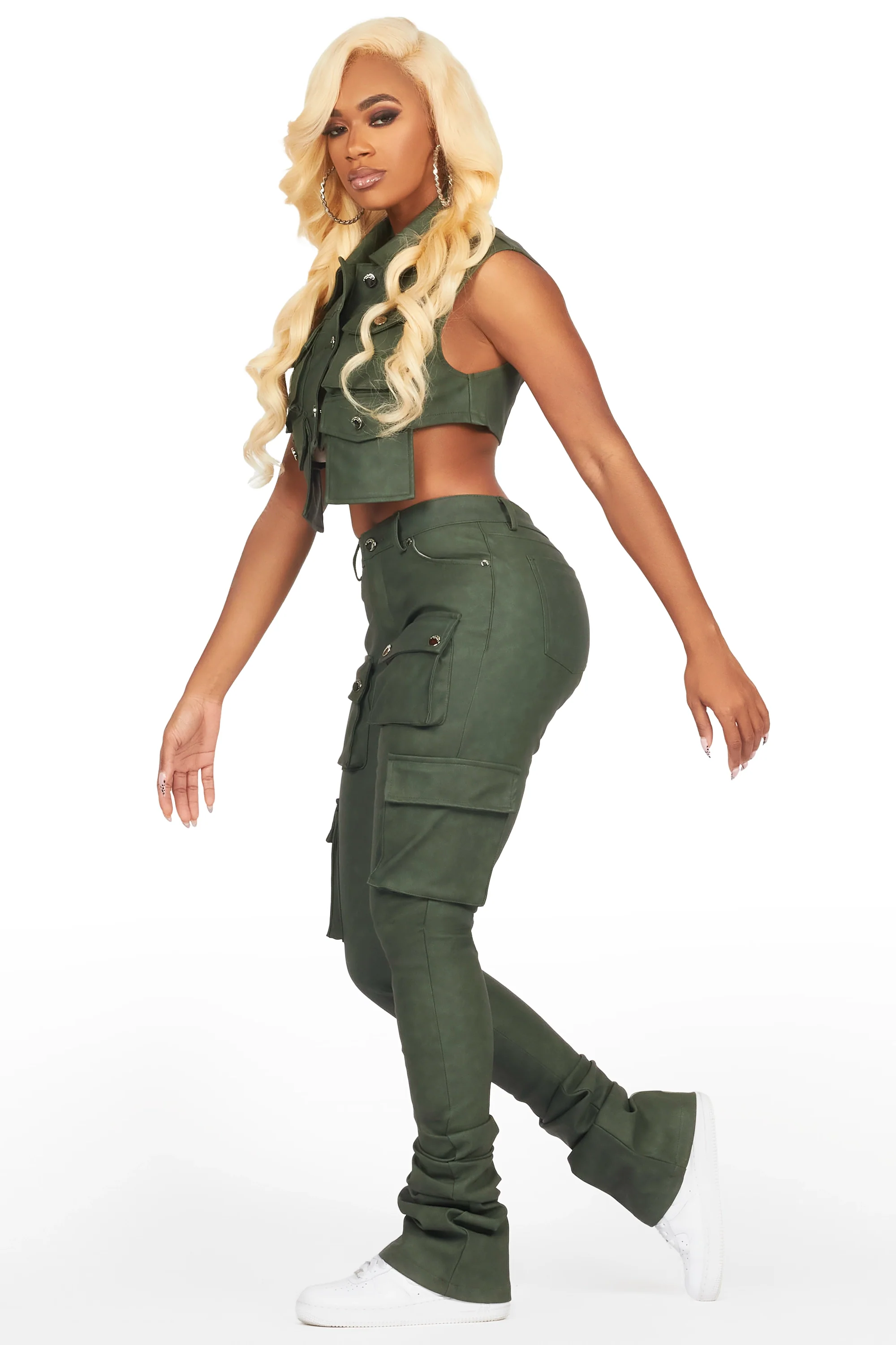 Kiedra Green Cargo Super Stacked PU Pant - Image 4