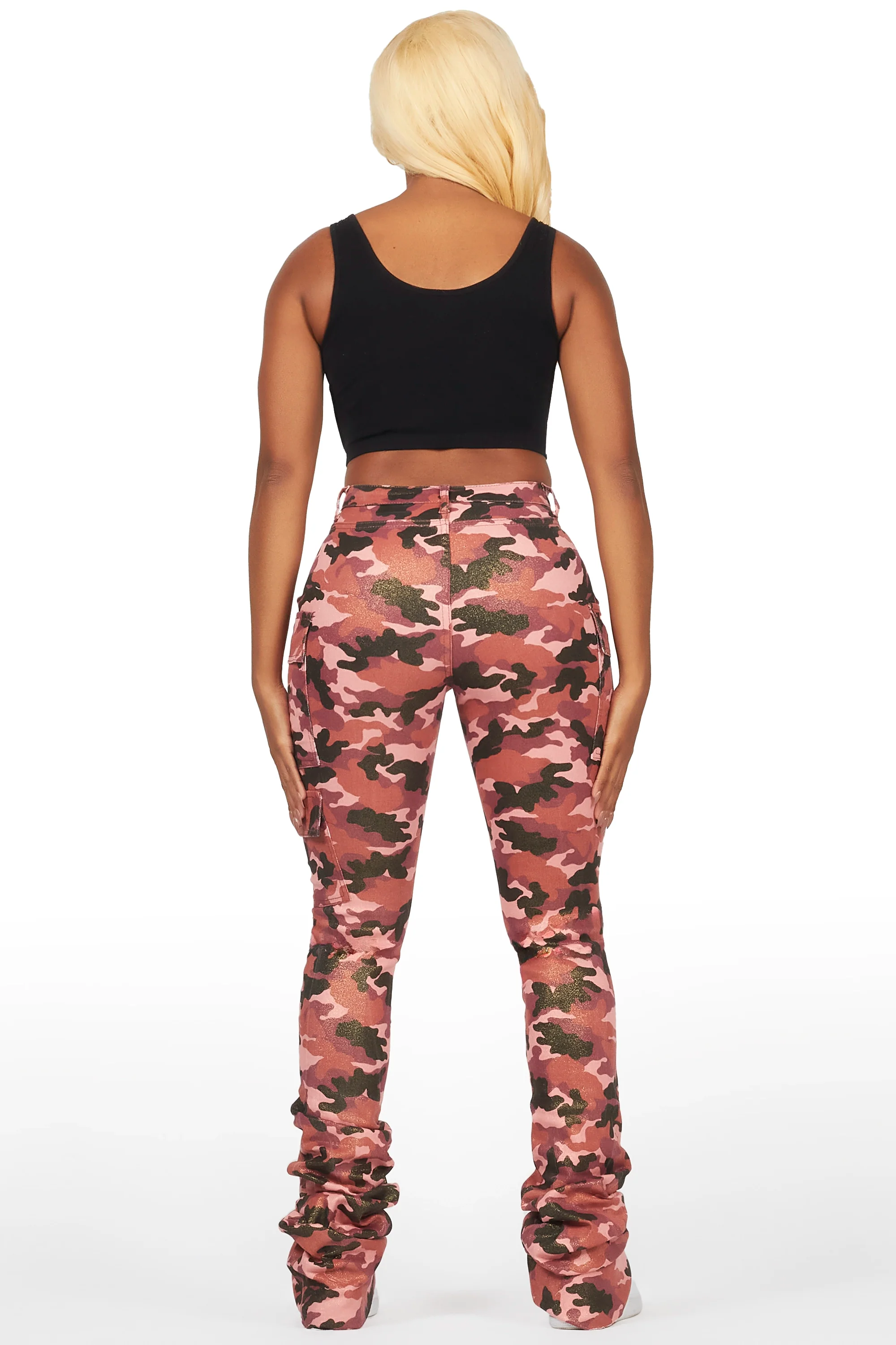 Alaysha Burgundy Camo Cargo Super Stacked PU Pant - Image 5