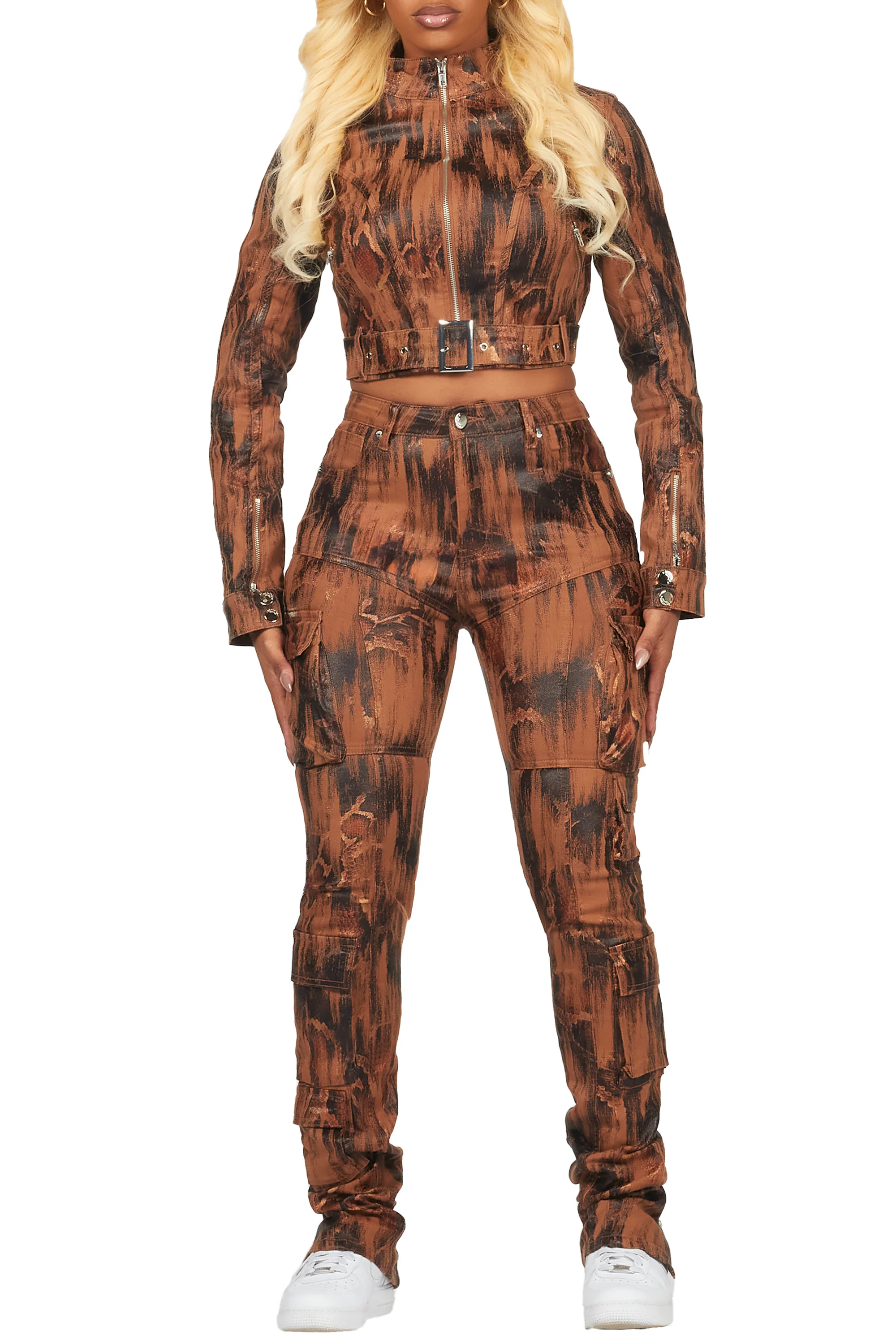 Nakedra Brown Snakeskin Skinny Stacked PU Pant - Image 8