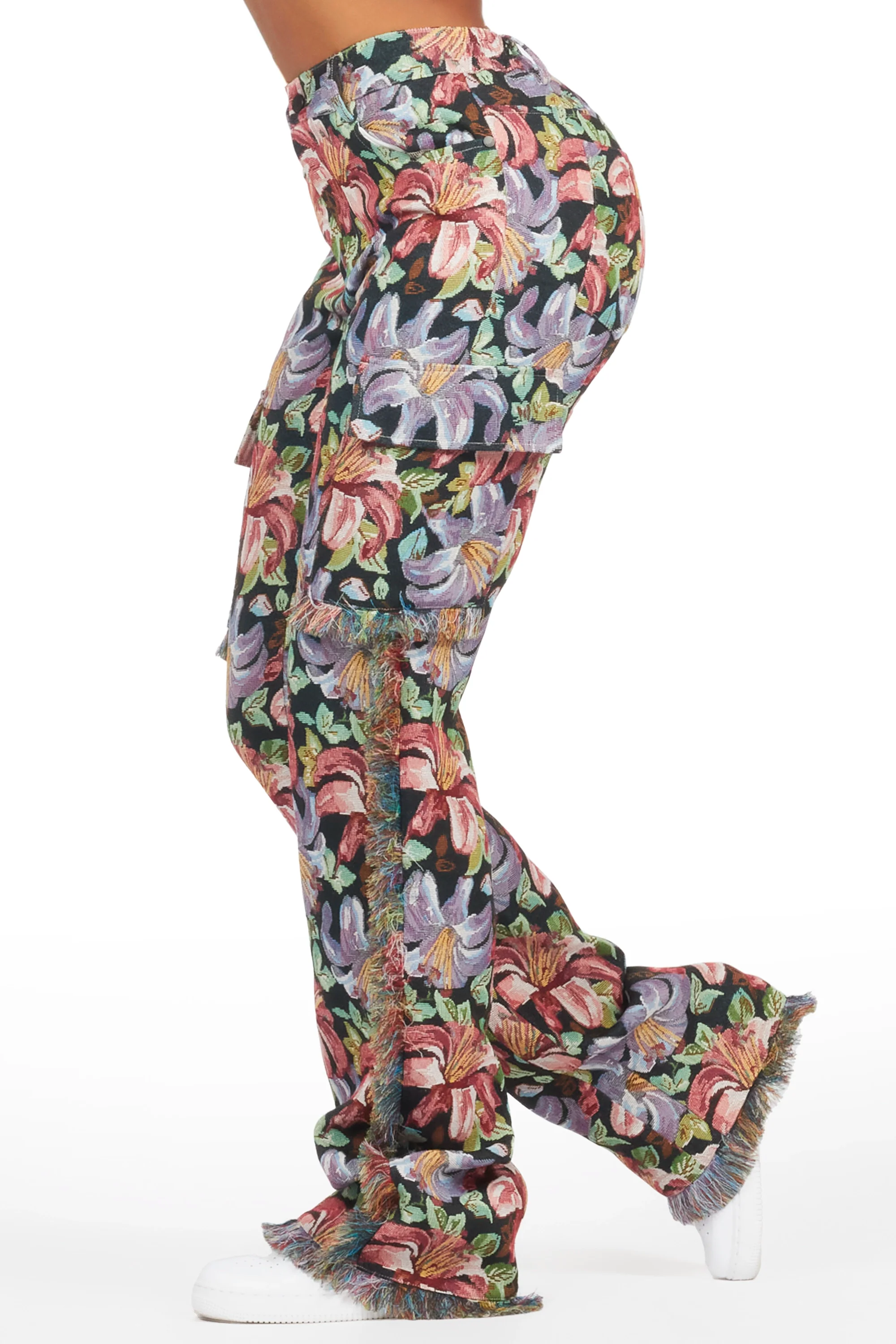 Tykima Black Floral Cargo Tapestry Stacked Pant - Image 3