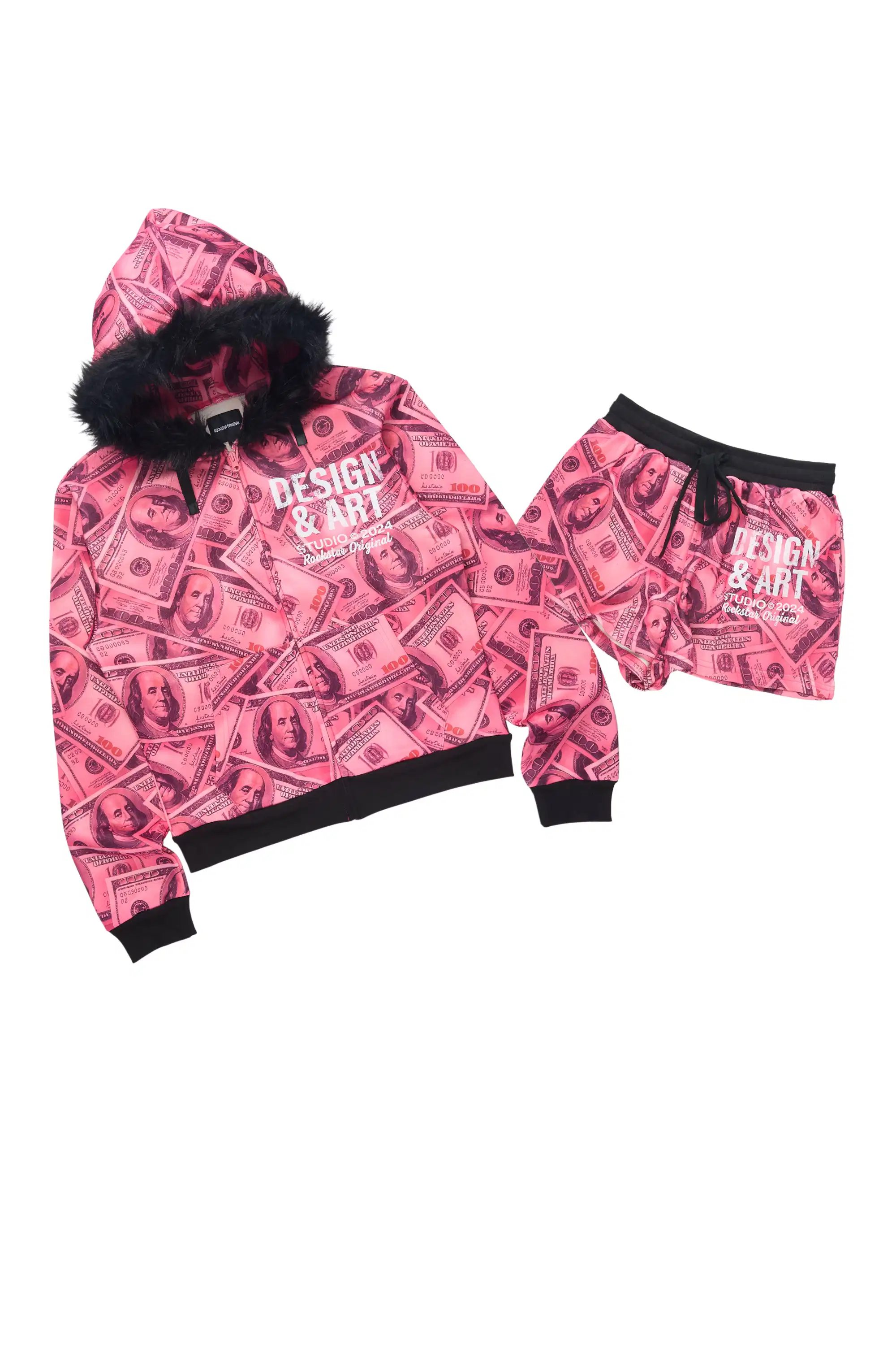 Sidney Pink Money Zip Up Short Set with Fur Hood - Image 3