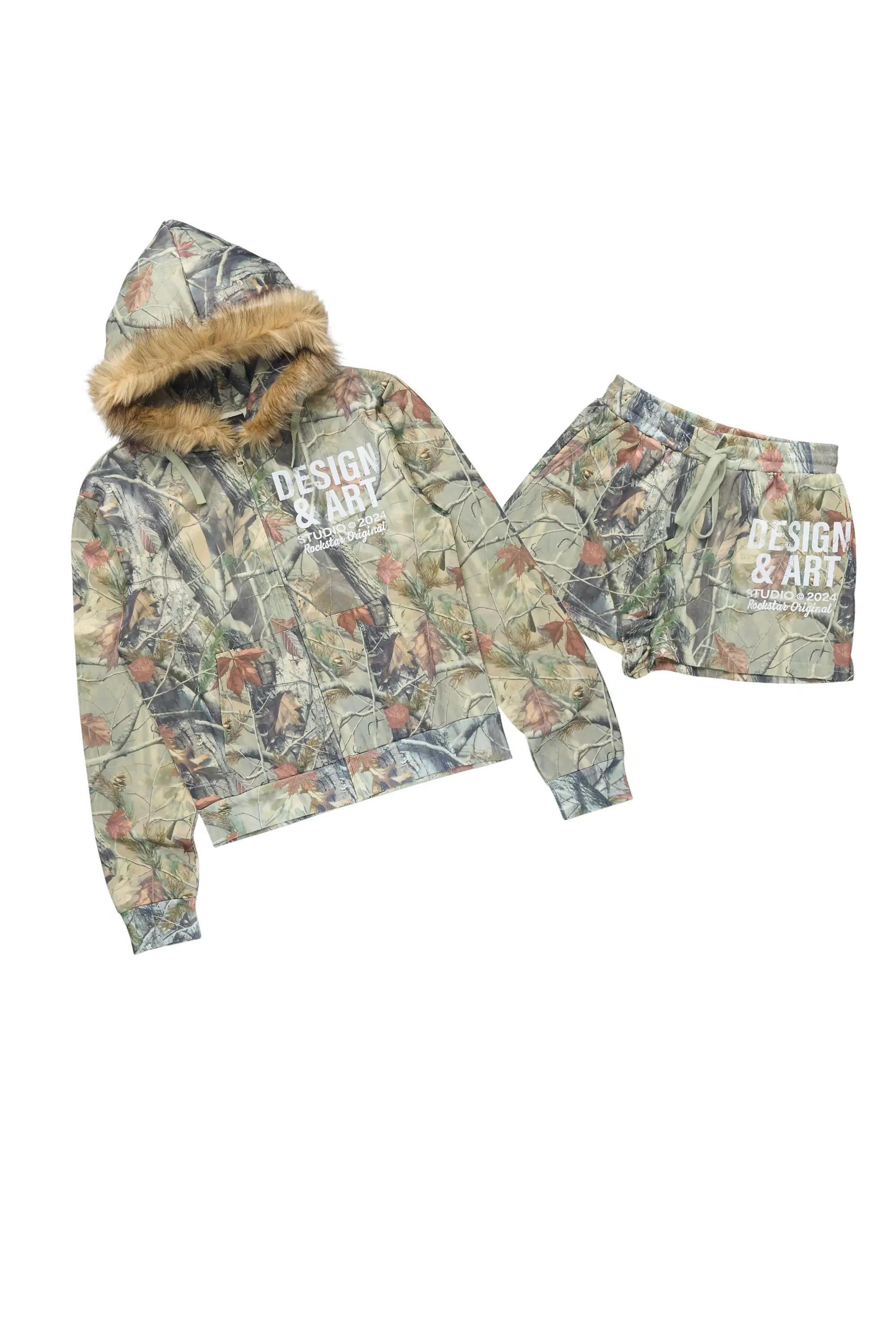 Sidney Tree Camo Zip Up Short Set with Fur Hood - Image 3