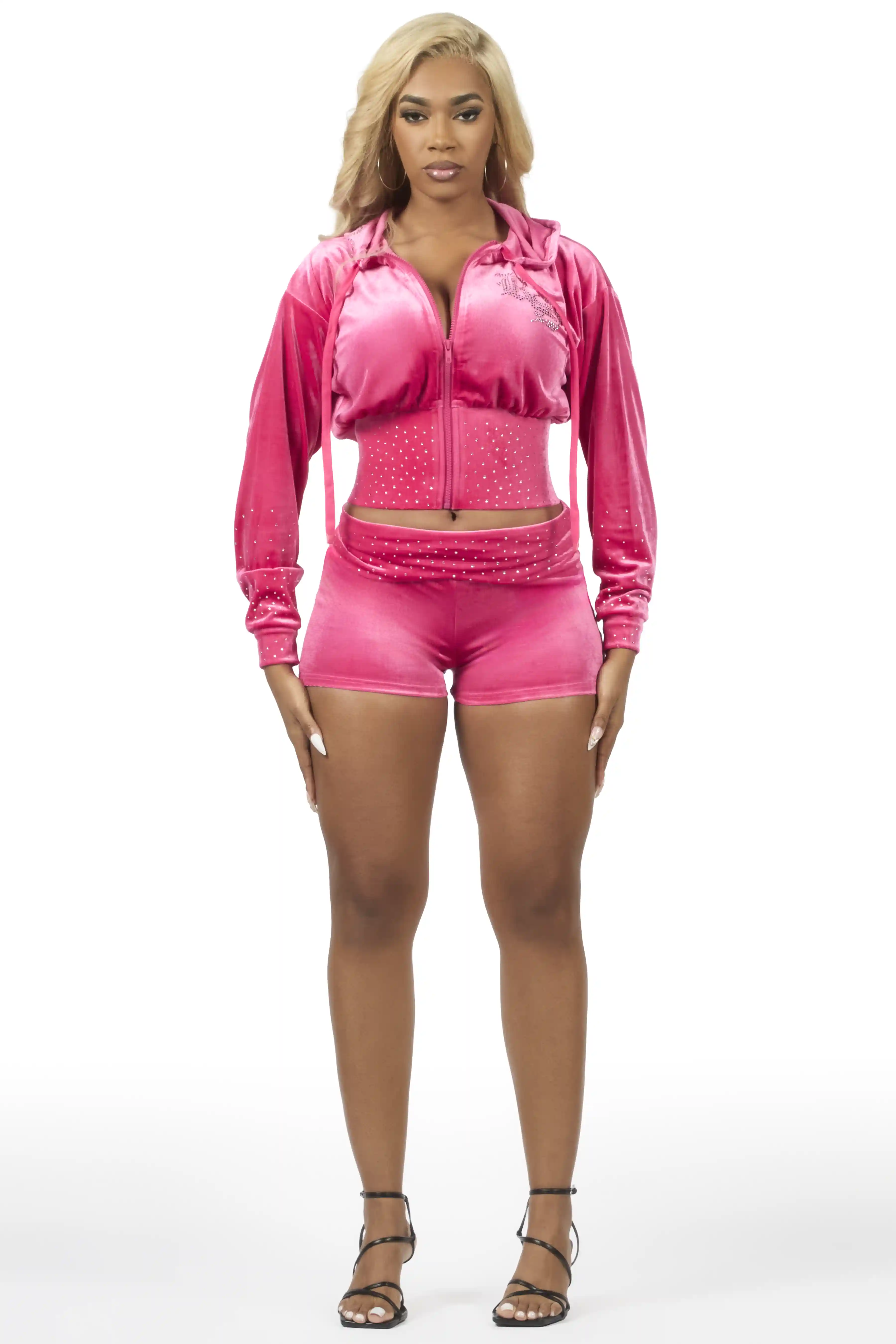 Rachell Hot Pink Rhinestone Velour Short Set - Image 4