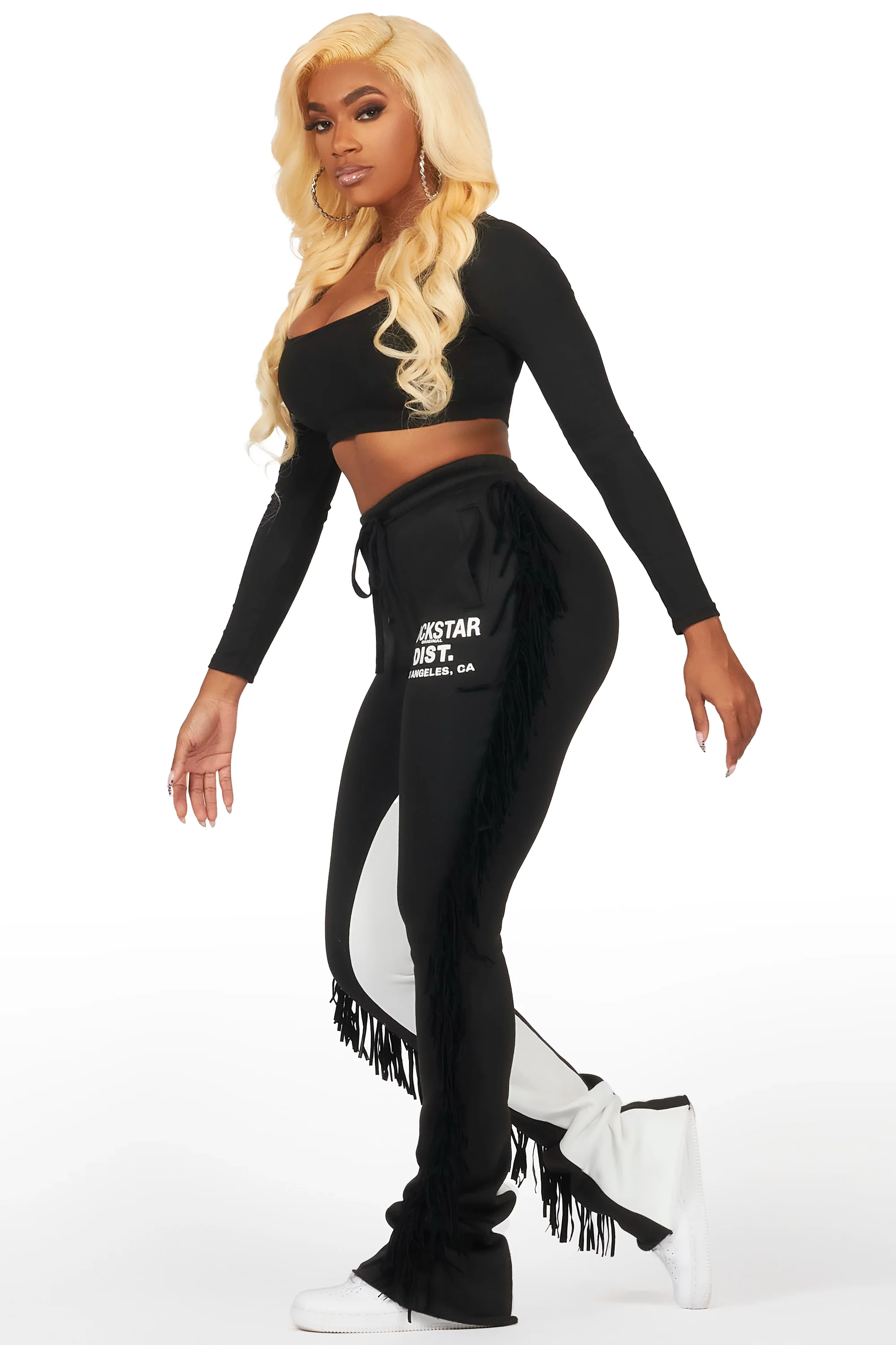 Kendra Black Fringe Stacked Flare Track Pant - Image 5