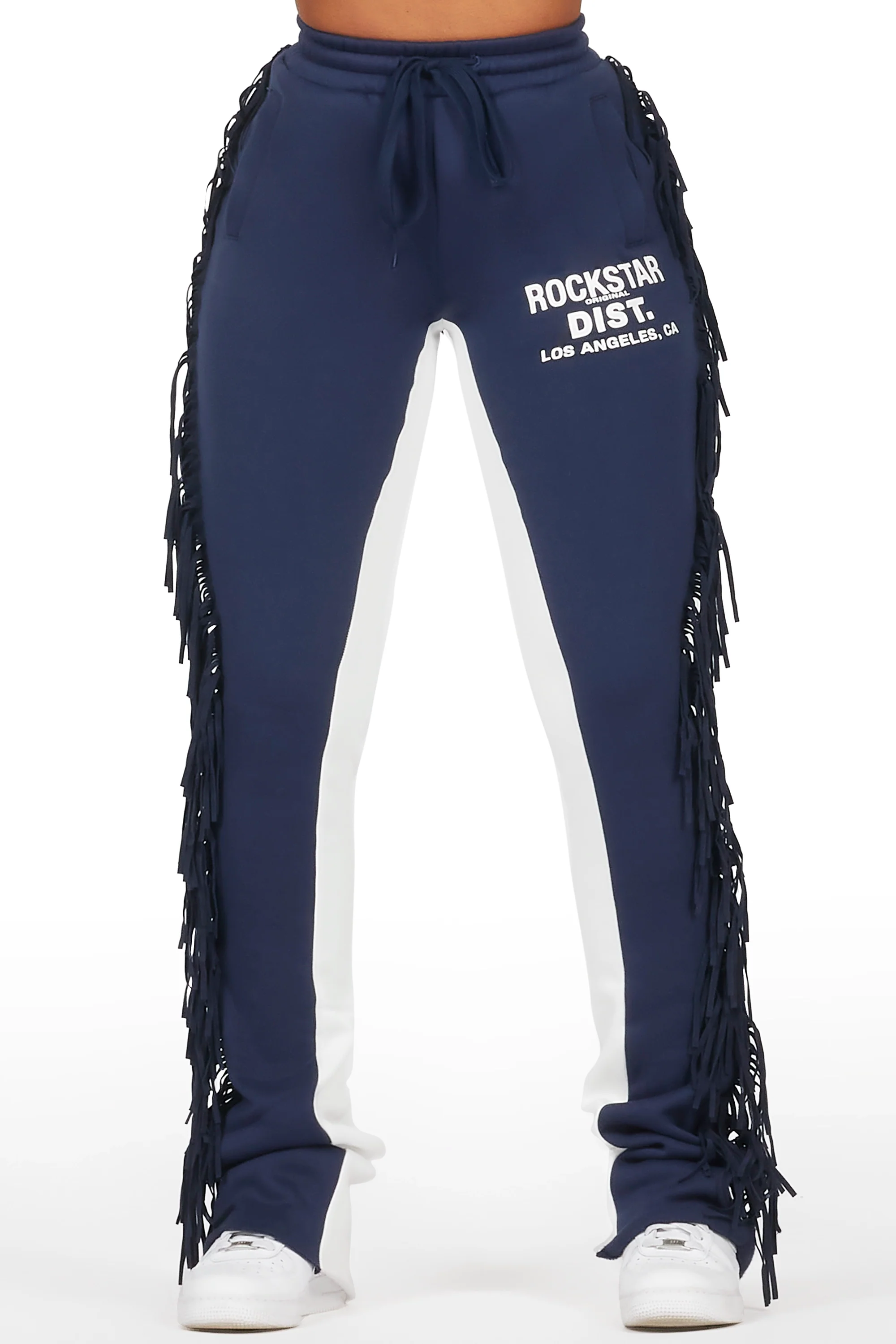 Kendra Navy Fringe Stacked Flare Track Pant - Image 4